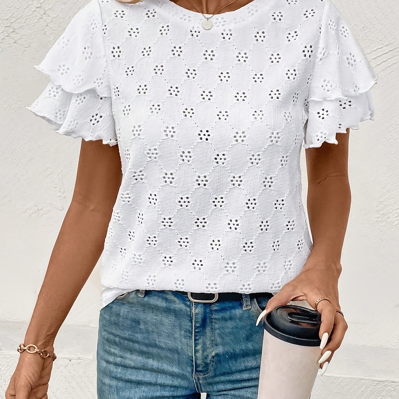 TEMU Solid Round Neck Double-layer Short Sleeve