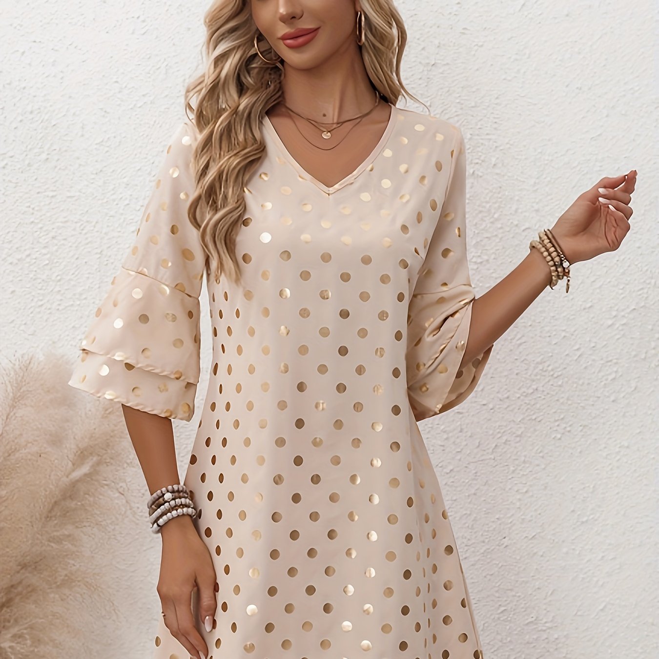 TEMU Polka V Neck Dress, Elegant Layered Flared Sleeve Loose Dress For , Women's Clothing