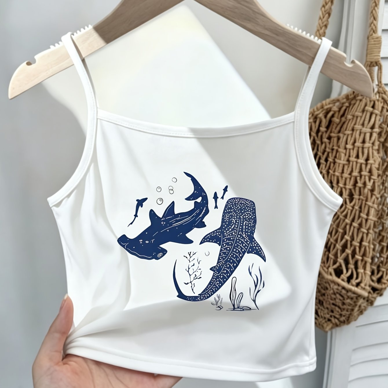 TEMU Ocean-themed Outfit Essential: Shark Print Mini Camisole With A Palette Featuring Shark, Whale Shark, Small Fish, Bubbles, Seagrass, And Coral