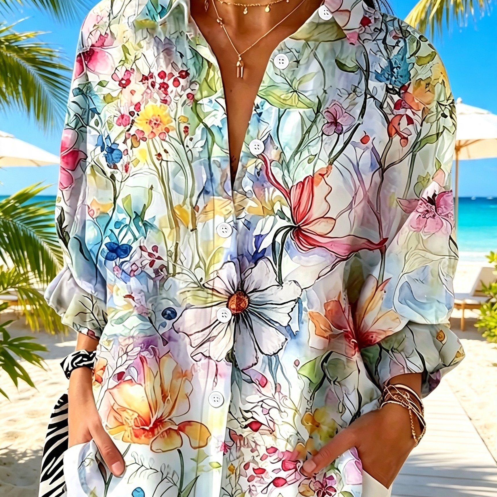 Retro Printed Minimalist Shirt, Casual Button-up Front Long Sleeve Shirt, Women's Spring/summer