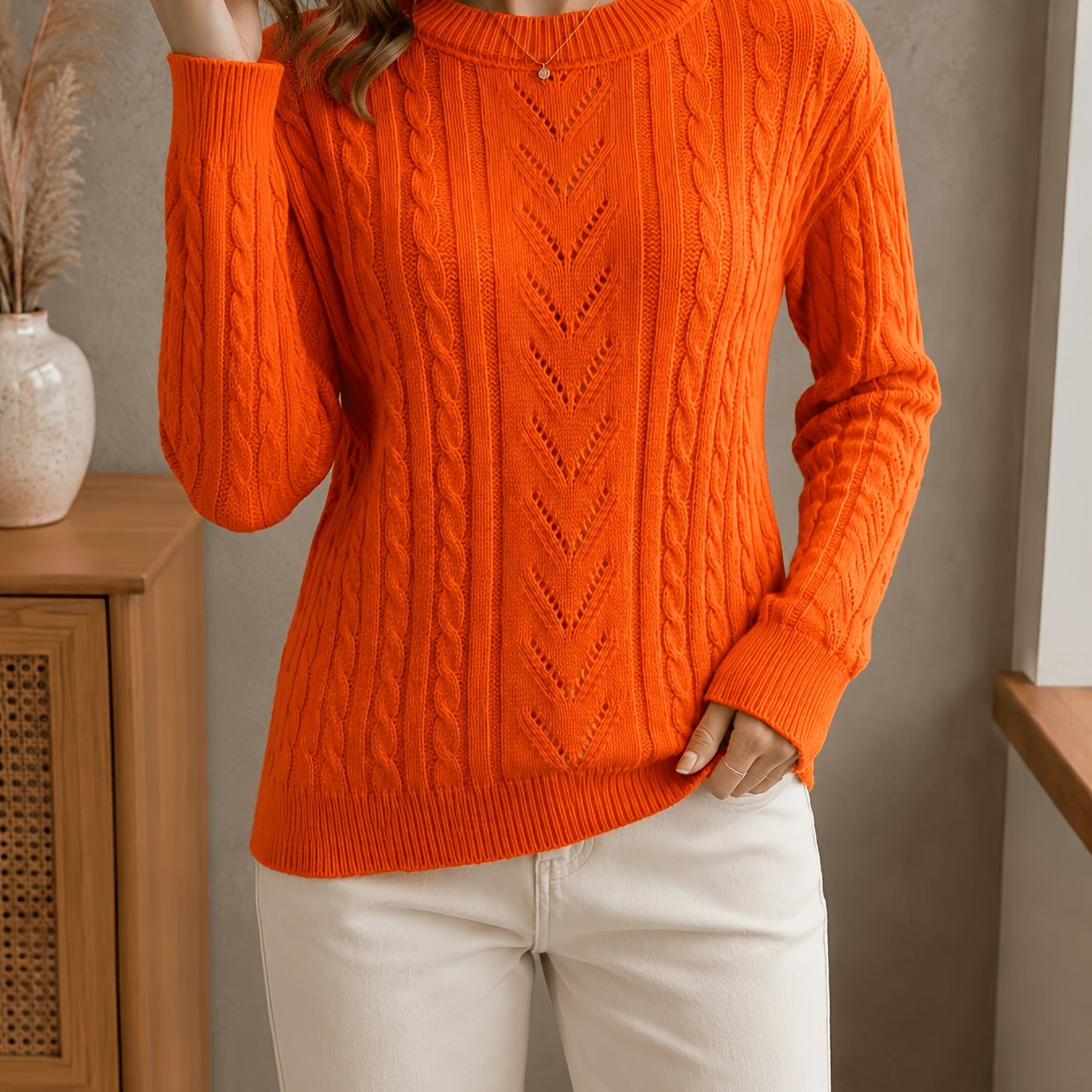 TEMU Women's Autumn Winter Round Neck Cable Sweater, Long Sleeve Pullover Sweater, V-neck Hollow Out , Loose Casual Versatile Commuter Sweater, Daily