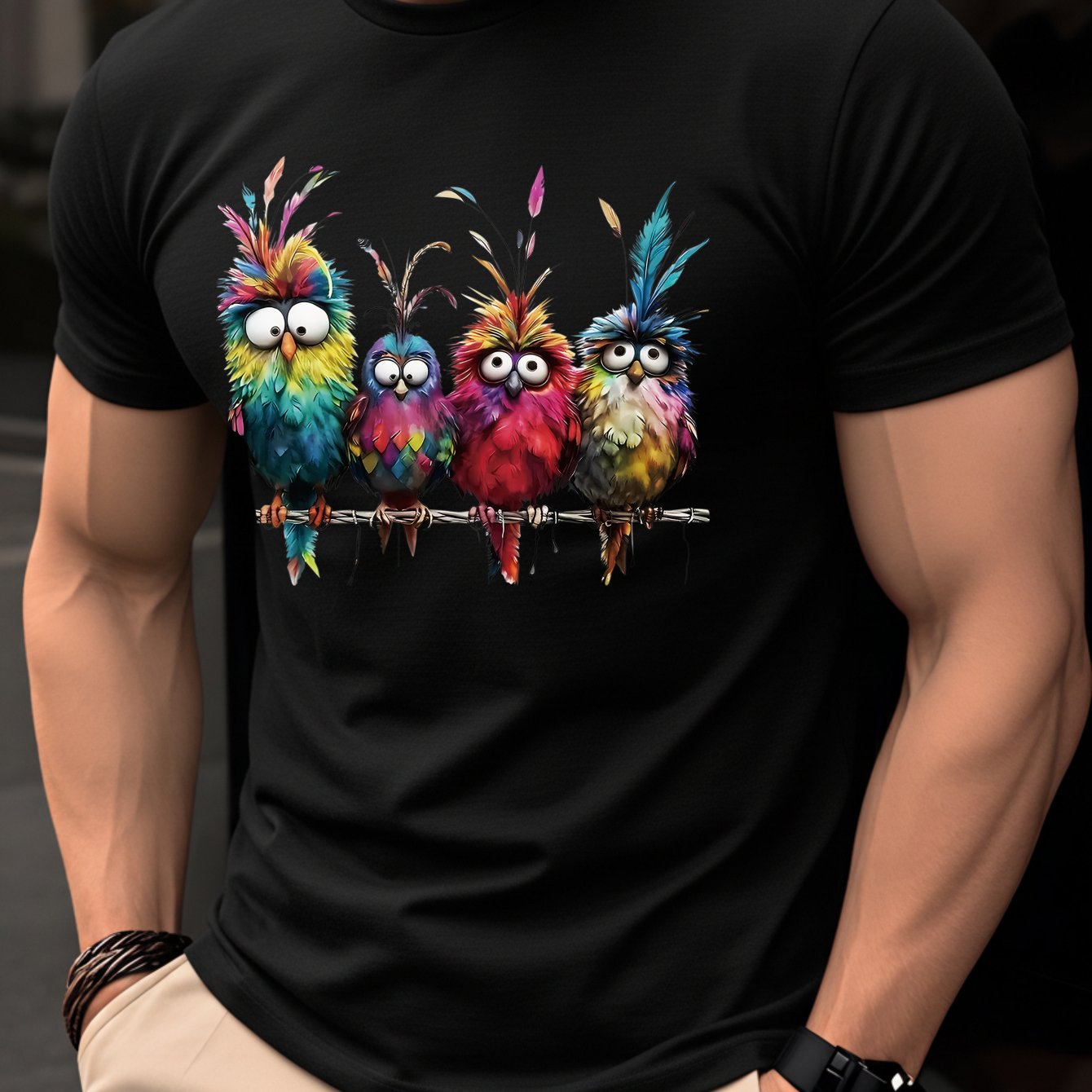 TEMU Men's Summer T-shirt, Short Sleeve Slim Fit , Breathable Thin Style, Fashionable Casual And , Versatile, With A Fun And Four-color Cartoon Bird