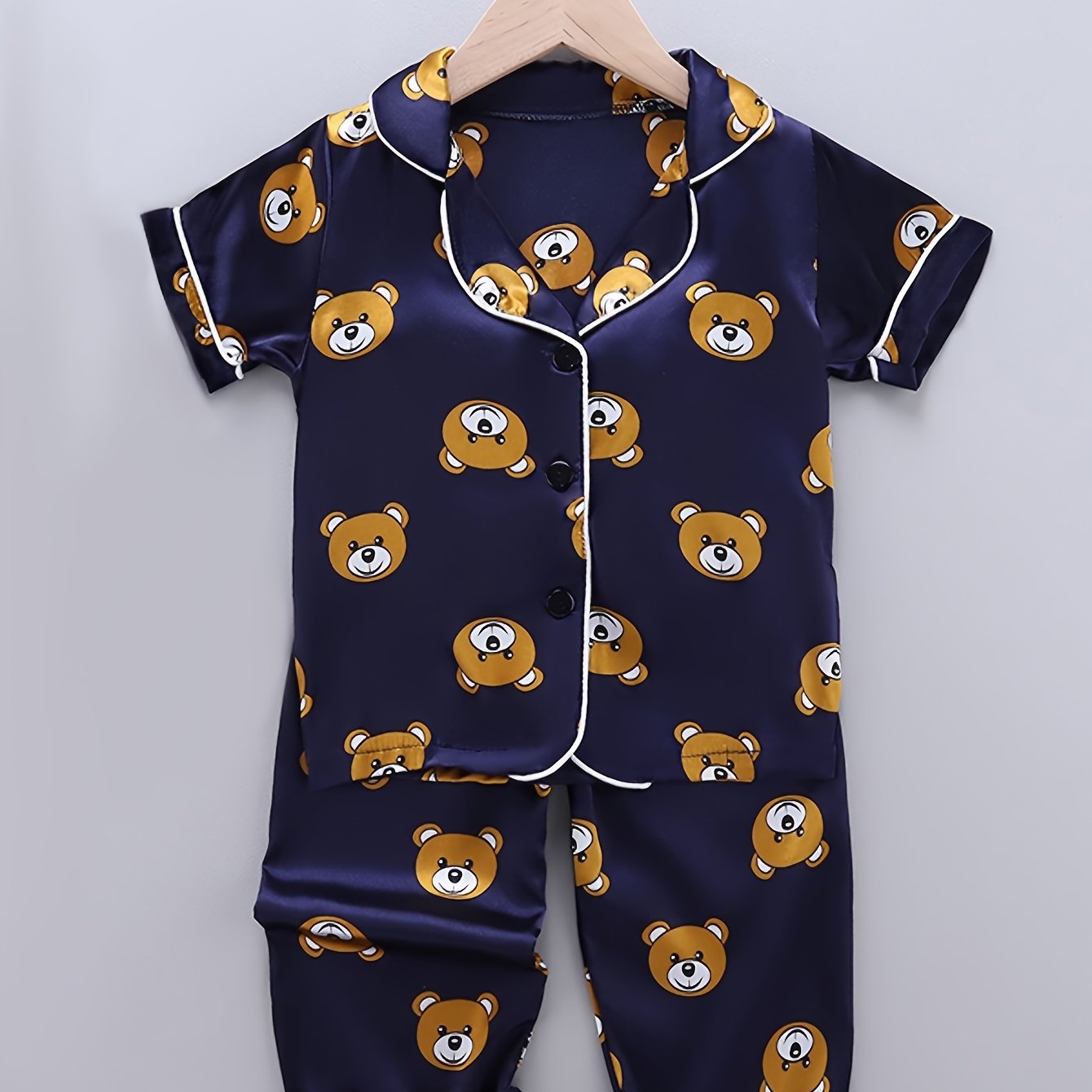 Kids Summer Cartoon Bear Pajama Set, Boys Casual Sleepwear With Lapel Collar, Regular Sleeve Short Shirt And Pants, 100% Polyester, Stretch, Button Detail, Woven Fabric - 1615 Flame Retardant Tested