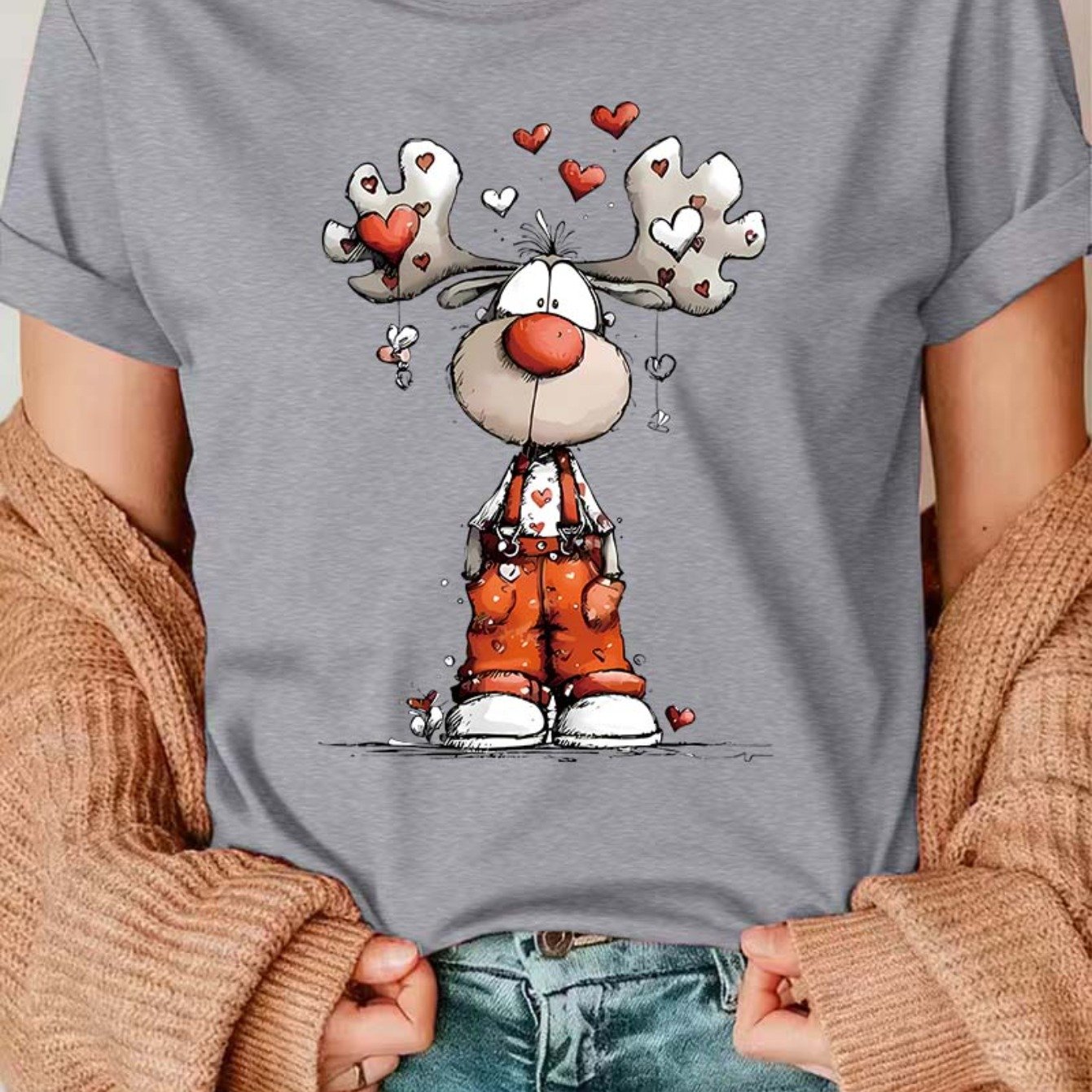 TEMU Plus Size - Plus Size - Plus Size Women's Fashion Print T-shirt, 0-8xl, Crew Neck, Short Sleeve, Christmas Reindeer Design, Soft Stretch Fabric,