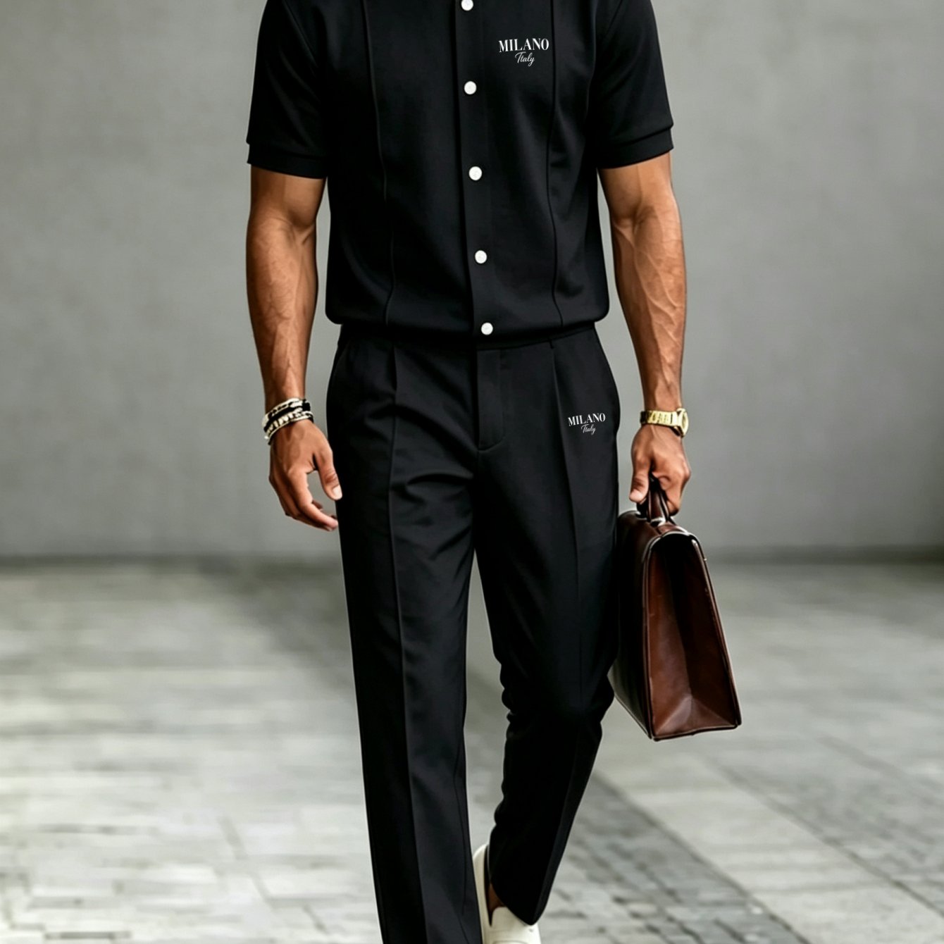 2pcs Set: Men's Business-casual Printed Button-up Jacket (short Sleeve) With Matching Trousers - Multiple Colors