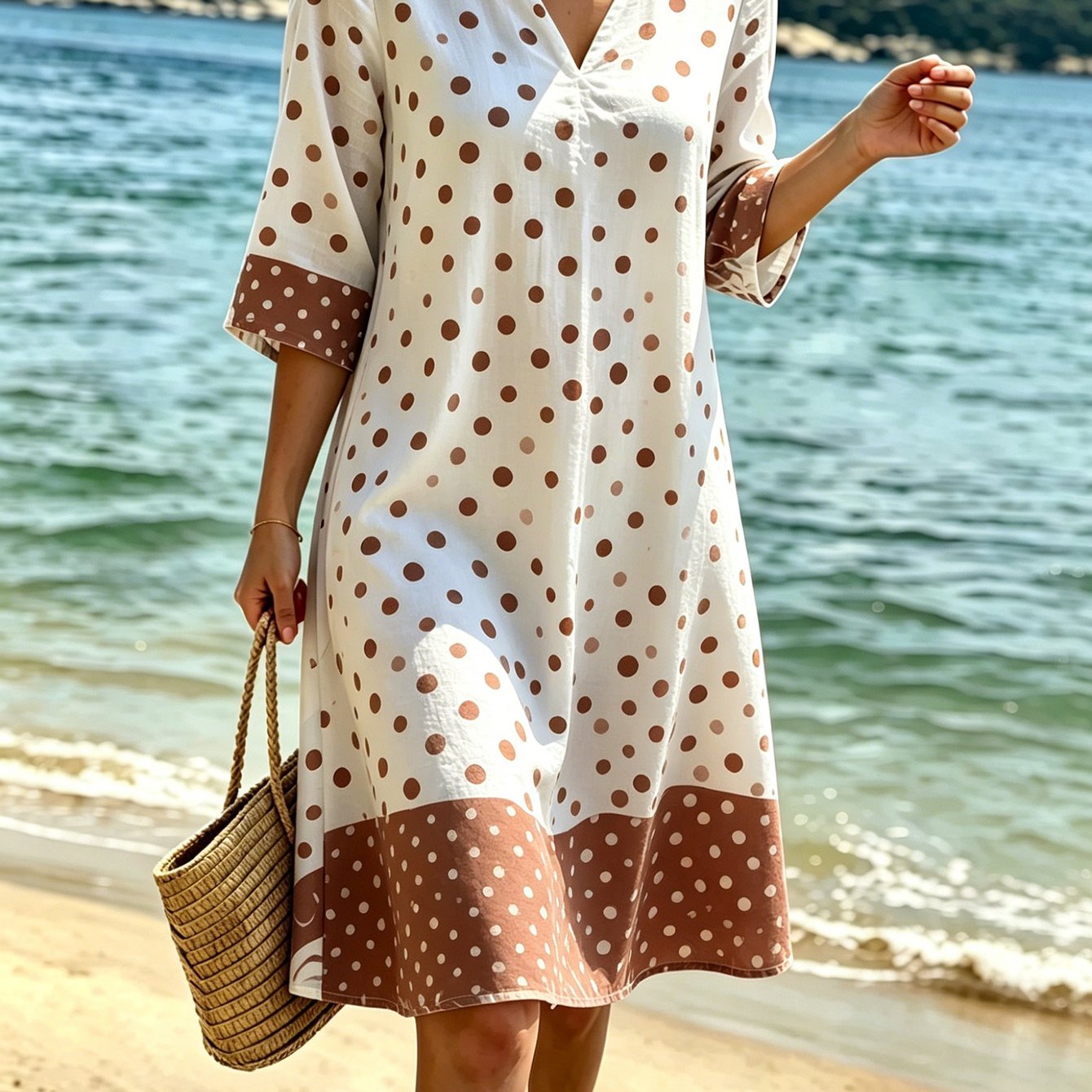 Women's Summer Polka Dot Contrast Color Dress, V-neck 3/4 Sleeves Loose Fit , Comfortable Breathable Figure-flattering Midi Length, Perfect For Mother's Day Beach Trips Commuting Cas