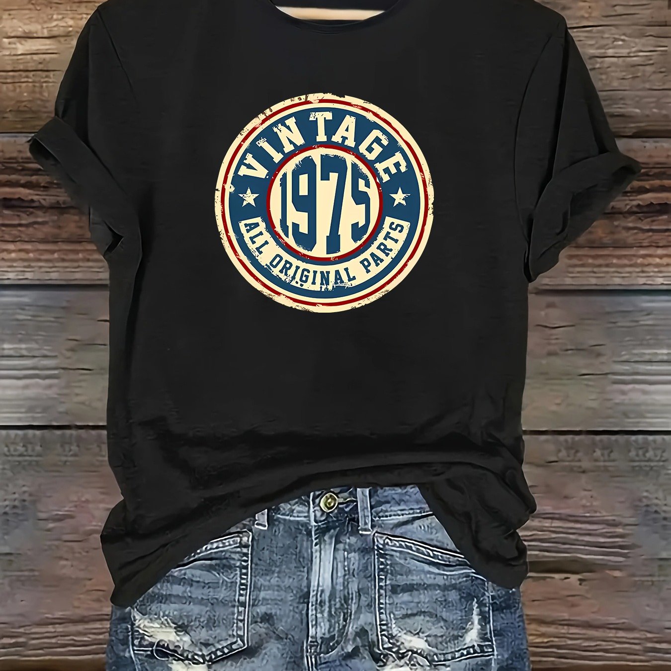 TEMU Women's Fashion Sport Series Creative Round Badge Pattern Letter Crew Neck Short Sleeve T-shirt