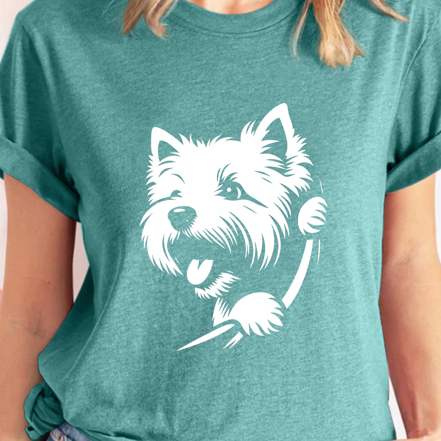TEMU Plus Size Women's Dog T-shirt - Cute West Highland Terrier Line Art Print Round Neck Blouse-compatible Top | Medium-stretch Breathable Fabric |