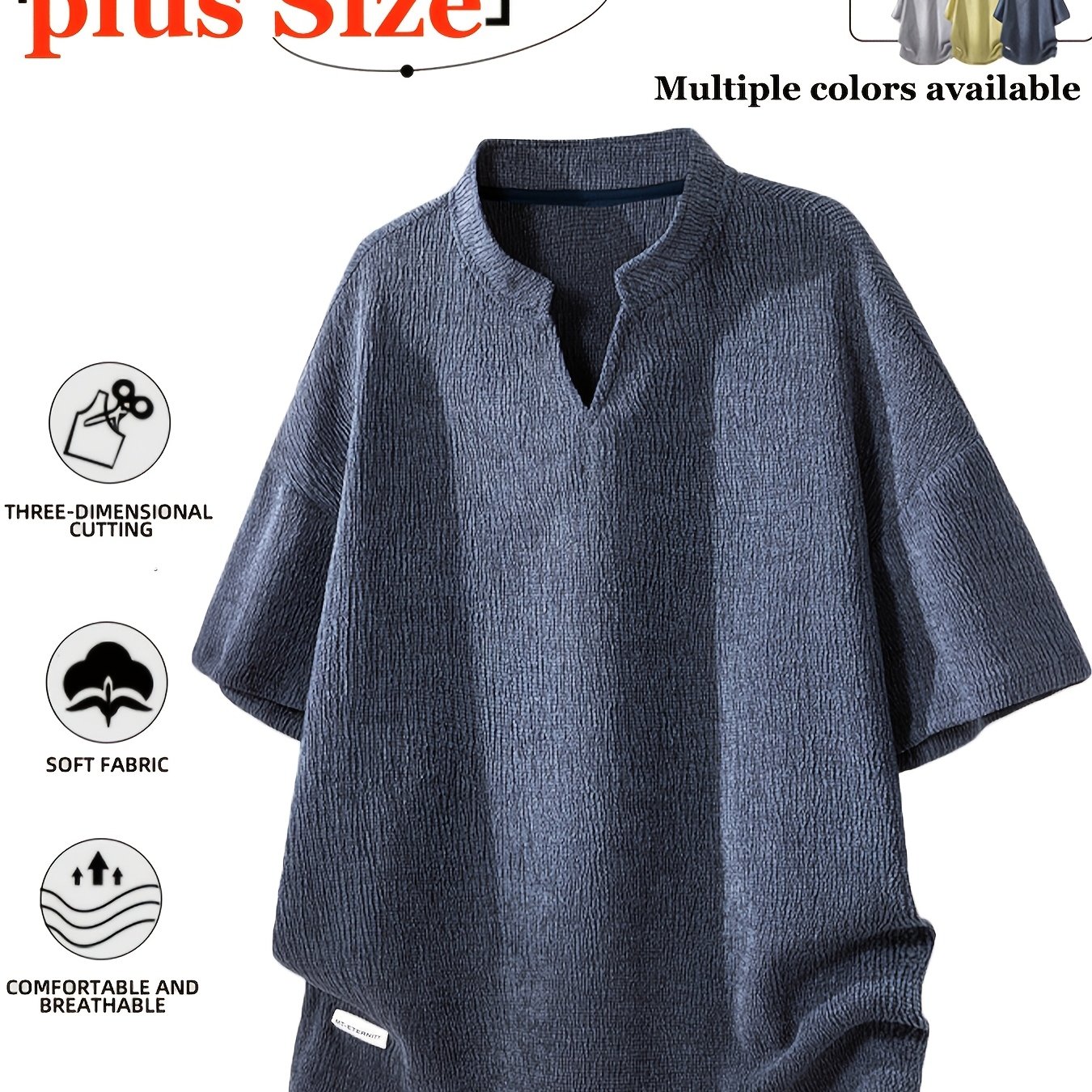 TEMU Men's Plus Size Japanese Streetwear V-neck T-shirt - Oversized Loose Fit Short Sleeve Tee, Summer Casual & Business Wear, Machine Washable