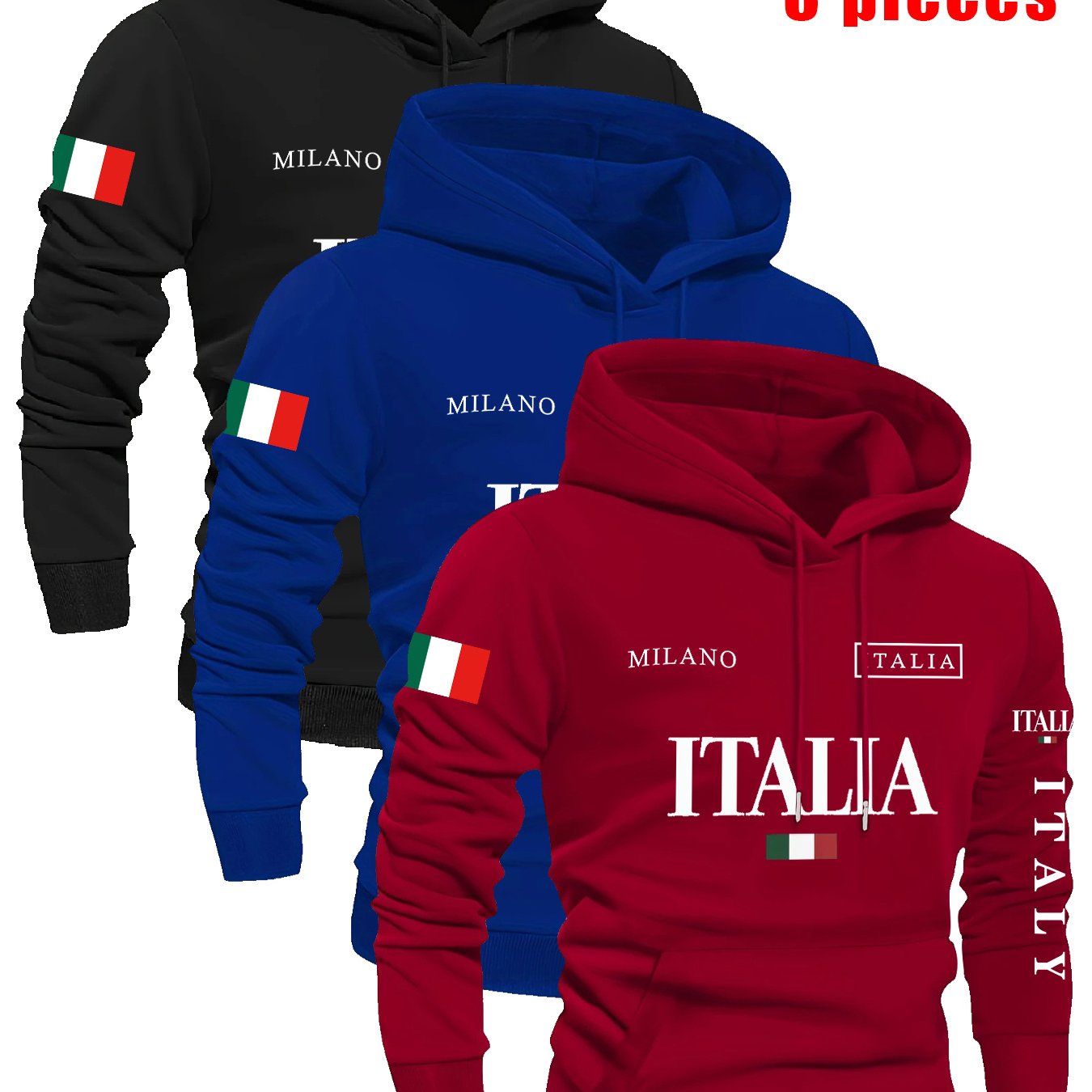 TEMU New Arrival - Stylish Italian Flag Hoodie Set, Featuring A High-quality Loose-fitting Casual Pullover With -piece Design.