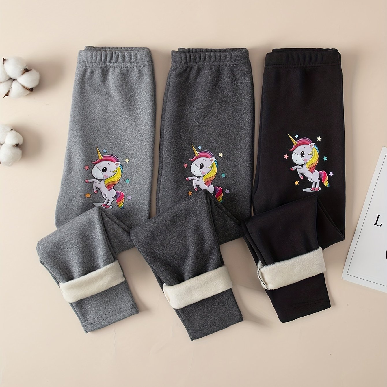 3pcs Girls' Unicorn -lined Thickened Leggings, Autumn/winter Style, Thickened Outerwear Pants, -one Warm Set