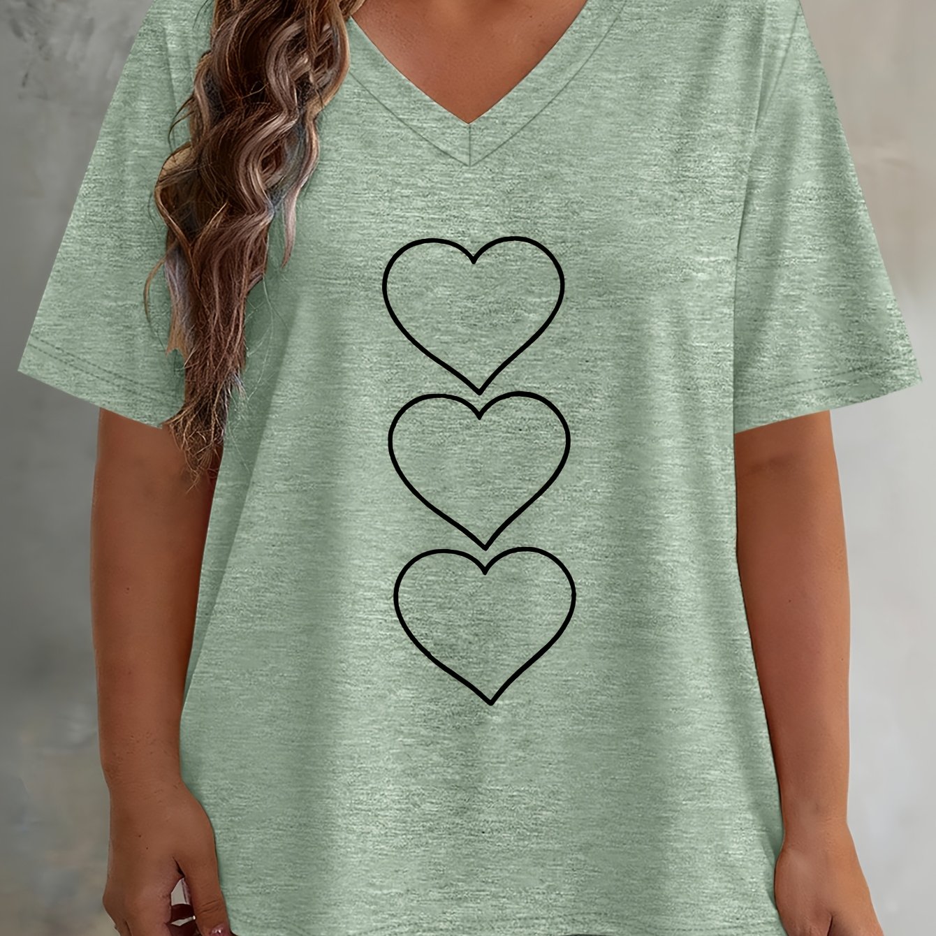 TEMU Plus Size - Spring Summer New Size Large Women's Fashion Minimalist Line Heart Stacked Printed Loose Off-shoulder Short Sleeve T-shirt High