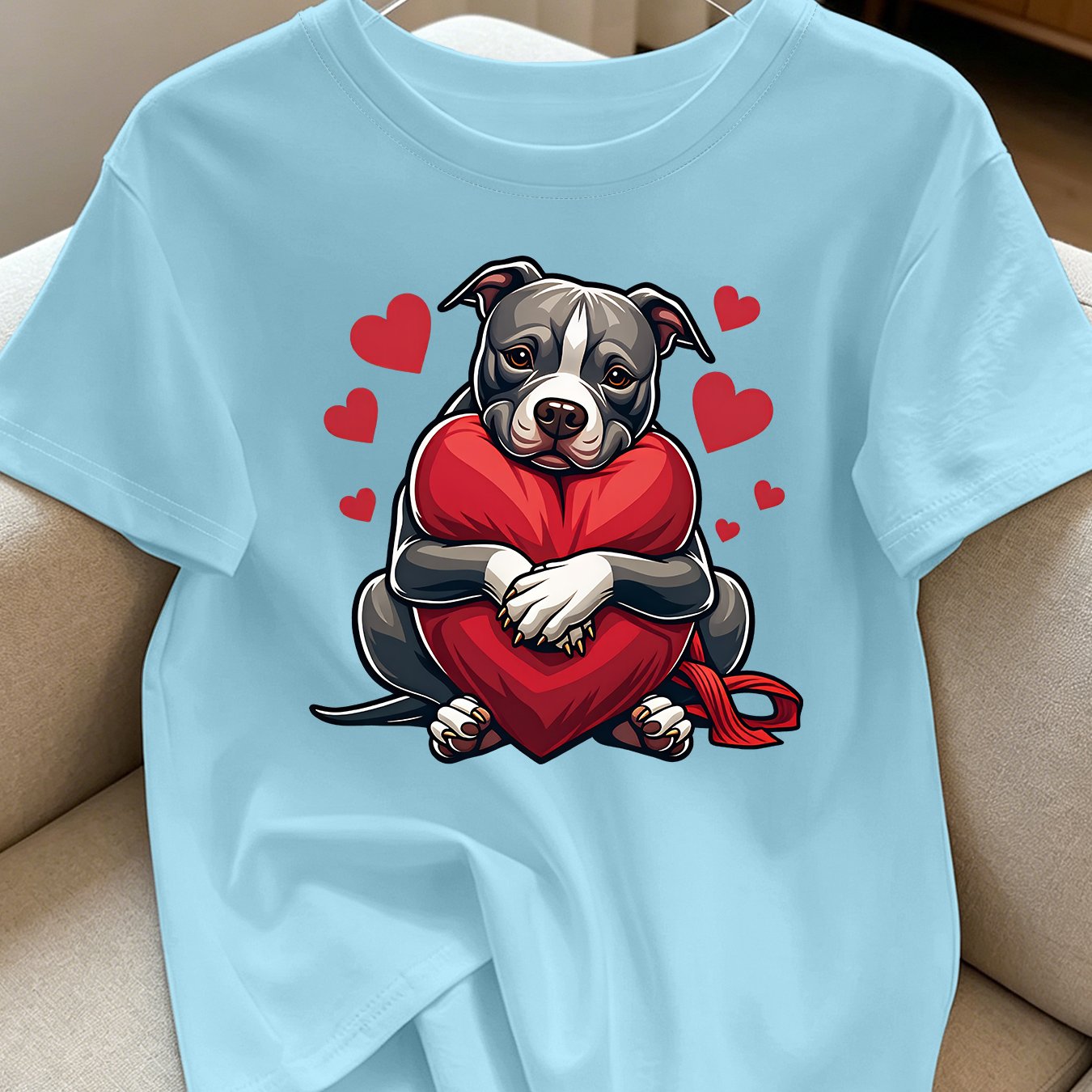 TEMU Women's Elegant Style Plus Size Short Sleeve Gift, Bulldog Hugging Large Red Heart With Scattered Hearts, Trendy Cartoon Printed Round Neck