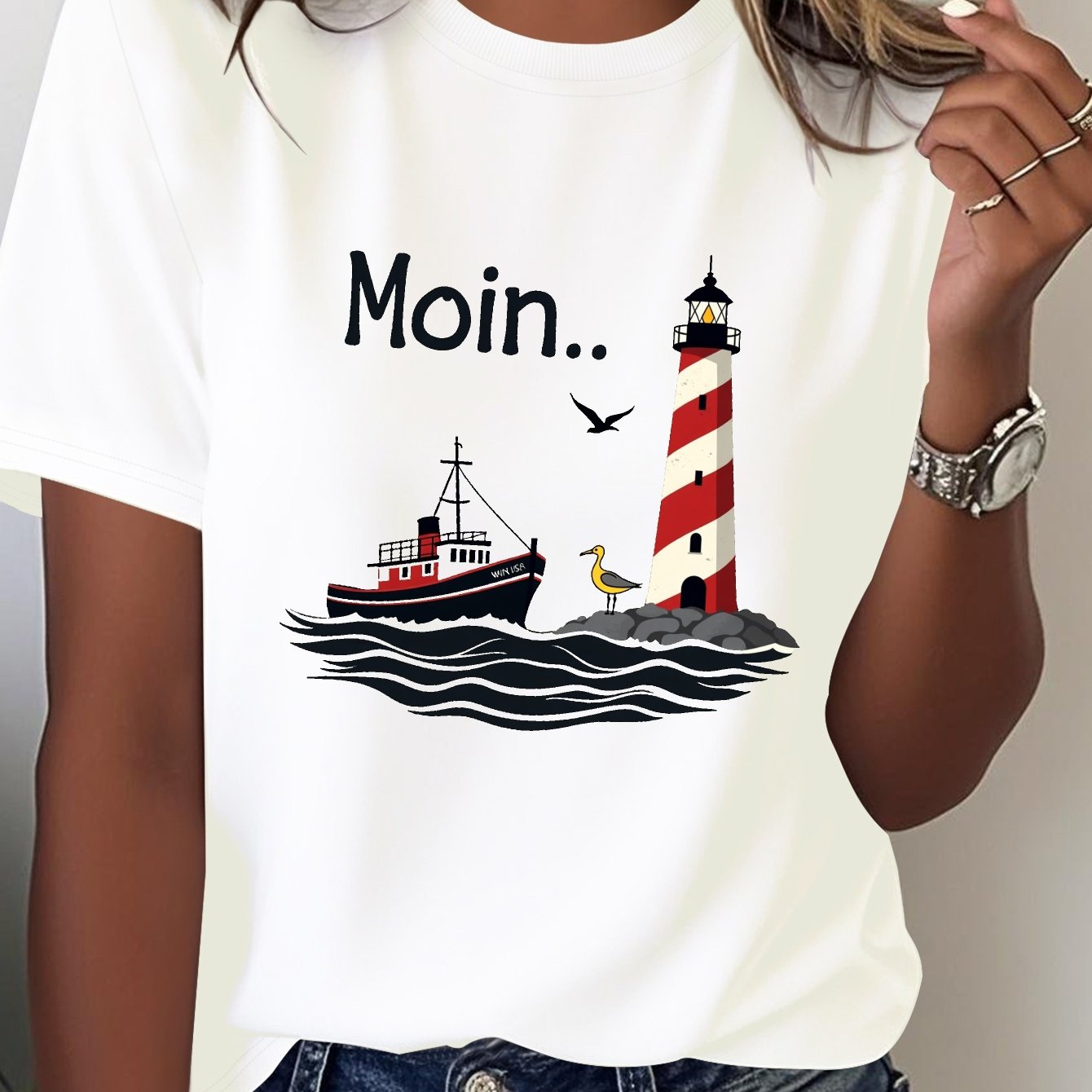 Lighthouse Moin Maritime Scene Illustration 's Tshirt Fit