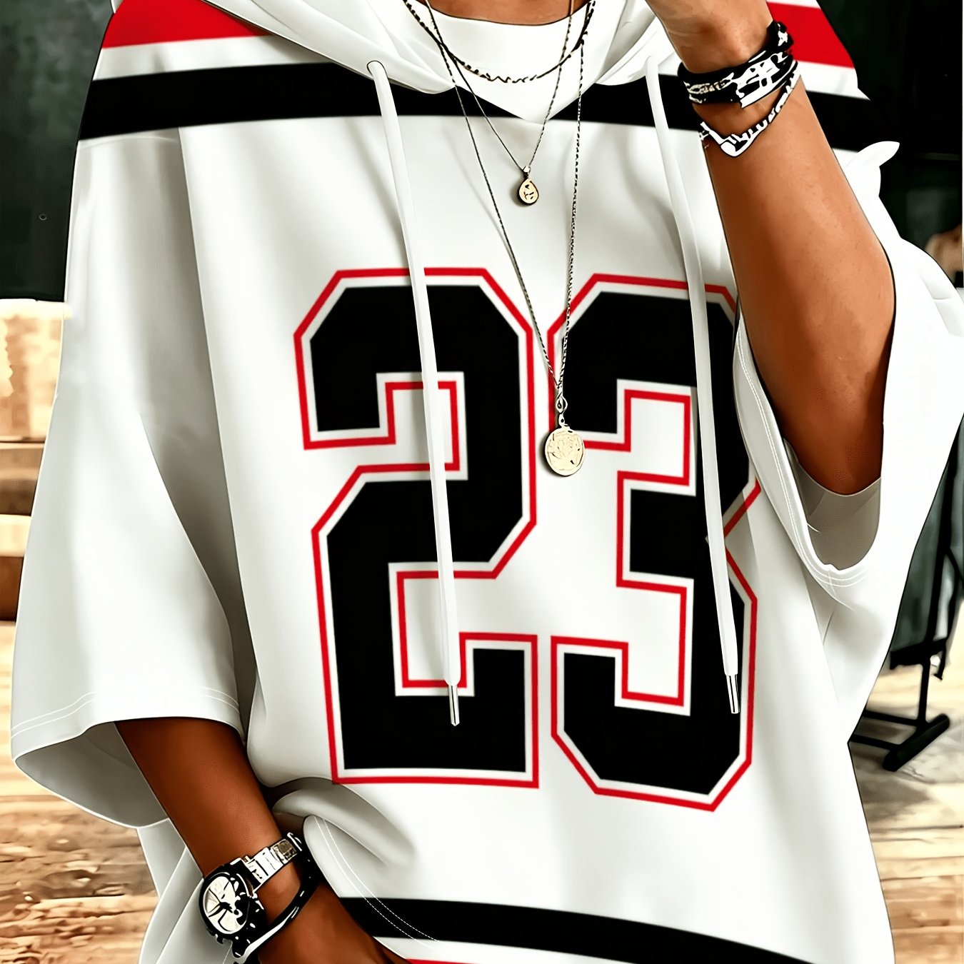 TEMU Plus Size - White With Red And Black Stripes Large Number 23 Hooded Three-quarter Sleeve Retro Loose Street Casual Hoodie