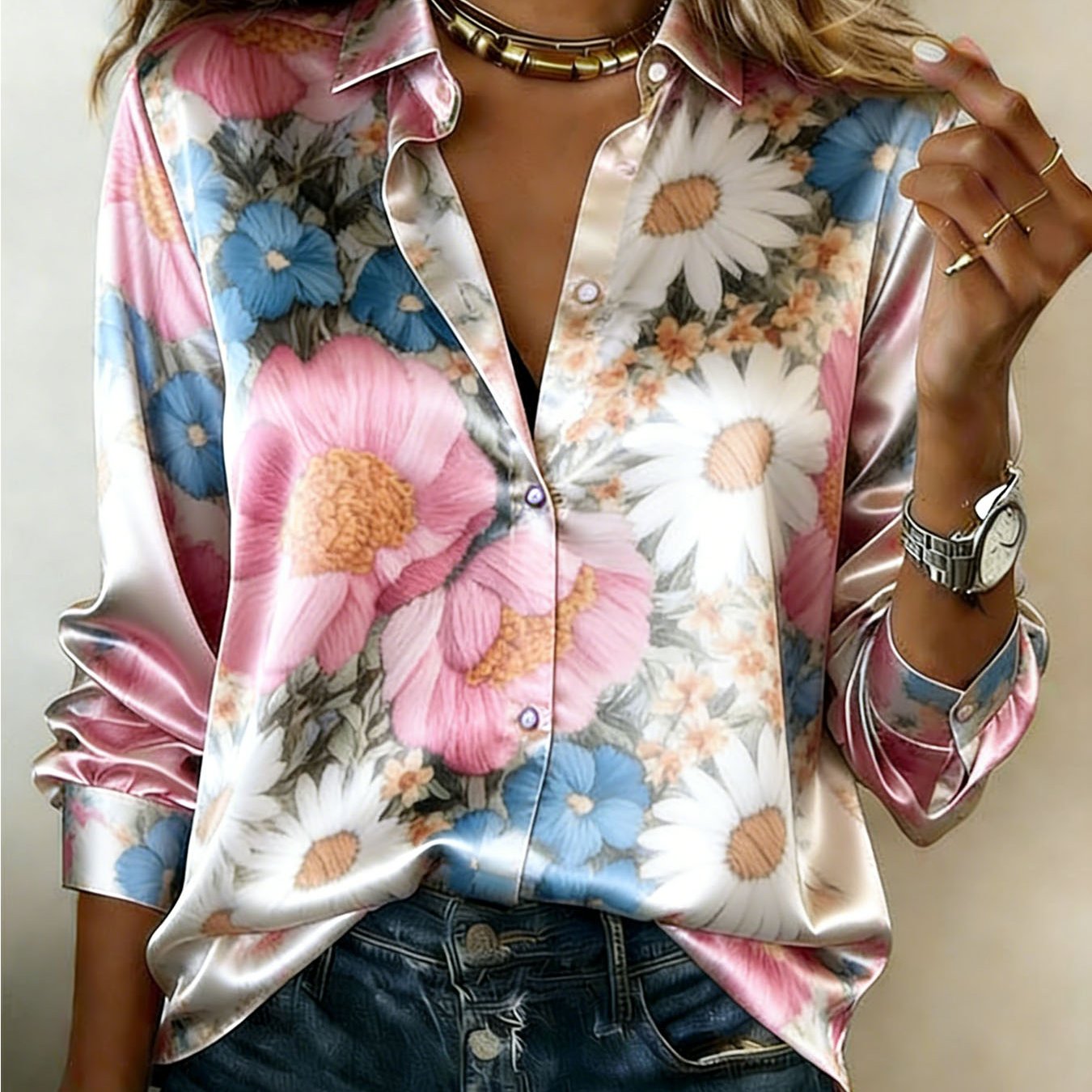 Women's All Over Floral Prints Satin Shirts, Casual Long Sleeve Button Shirts Blouse
