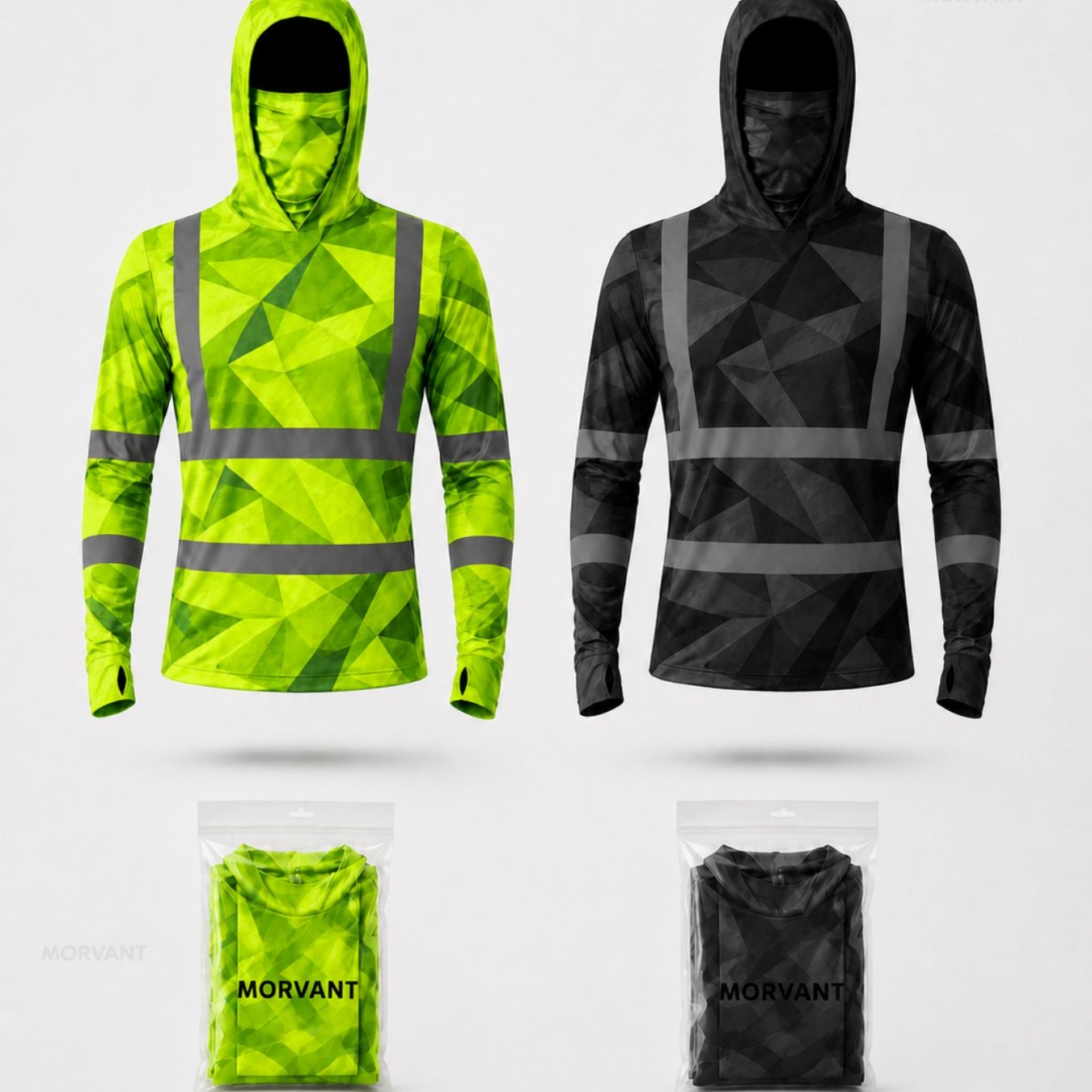 Image of 2 Pack Mens Hoodies Geometric Camouflage Grey Stripe Integrated Face Mask Long Sleeve Outdoor Fishing Cycling Jersey