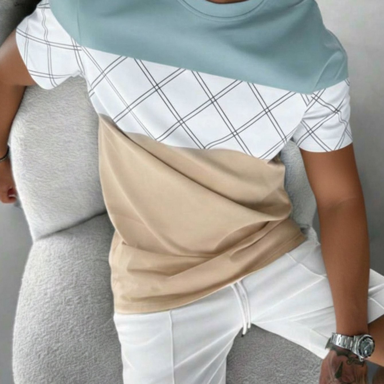 E-shop Herren Sommer Color-Block Kariertes Kurzarm T-Shirt, Feuchtigkeitstransportierendes und Atmungsaktives Lässiges Sportliches Rundhals-Oberteil,