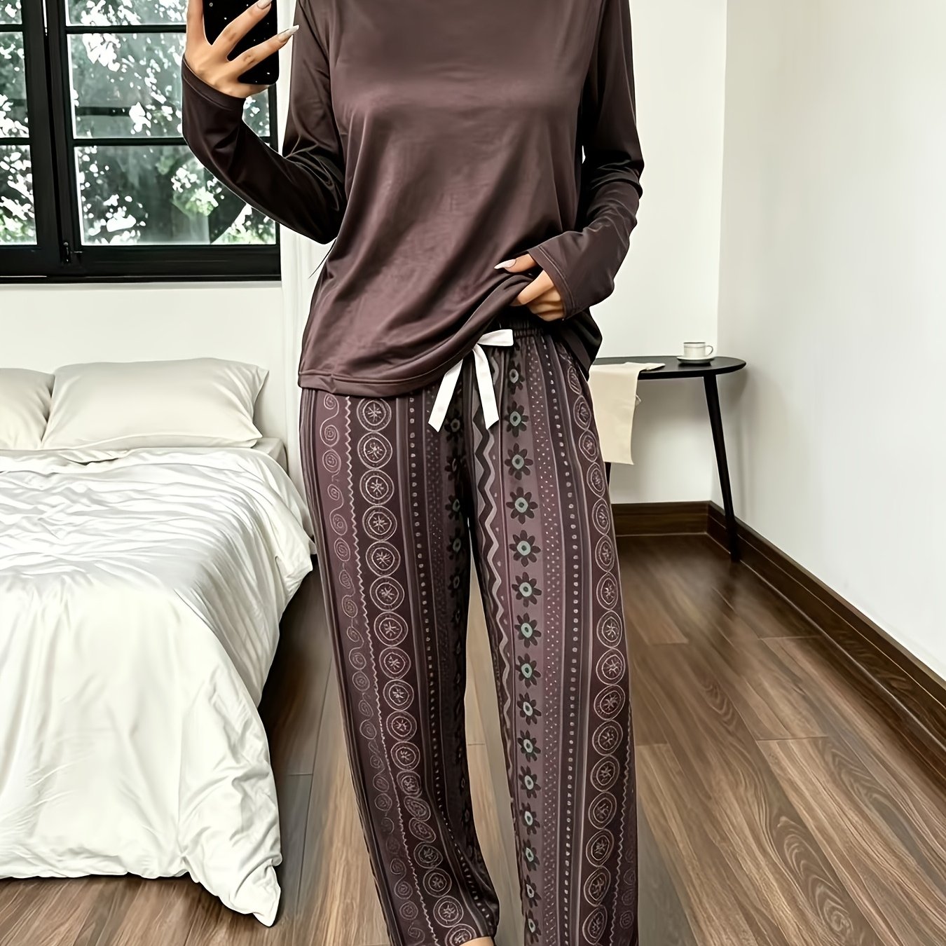 TEMU Women's Pajama Set With Long Sleeve Top And Pants, Soft And Comfortable, Easy For Autumn And Winter