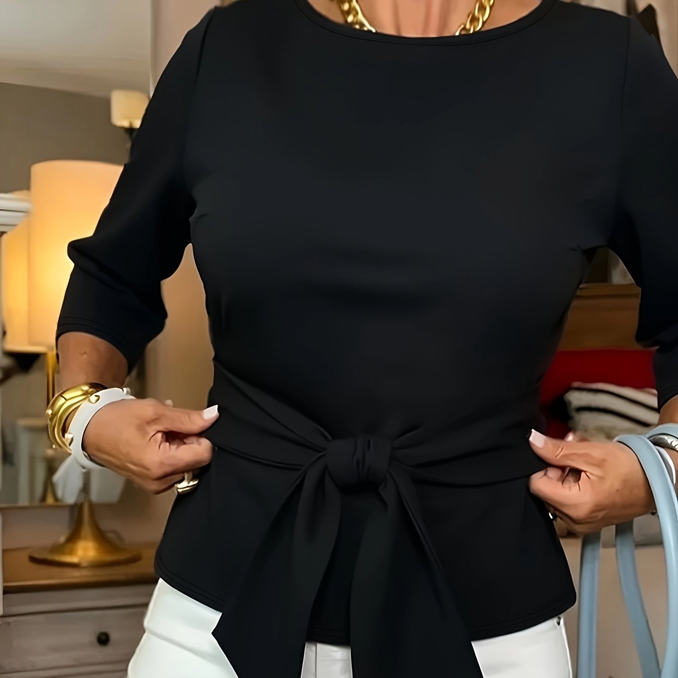 TEMU Women's Fashionable And Elegant Solid Color Designer Round Neck Tie-neck T-shirt, A Stylish And Elegant Solid Color Designer Tee For Everyday