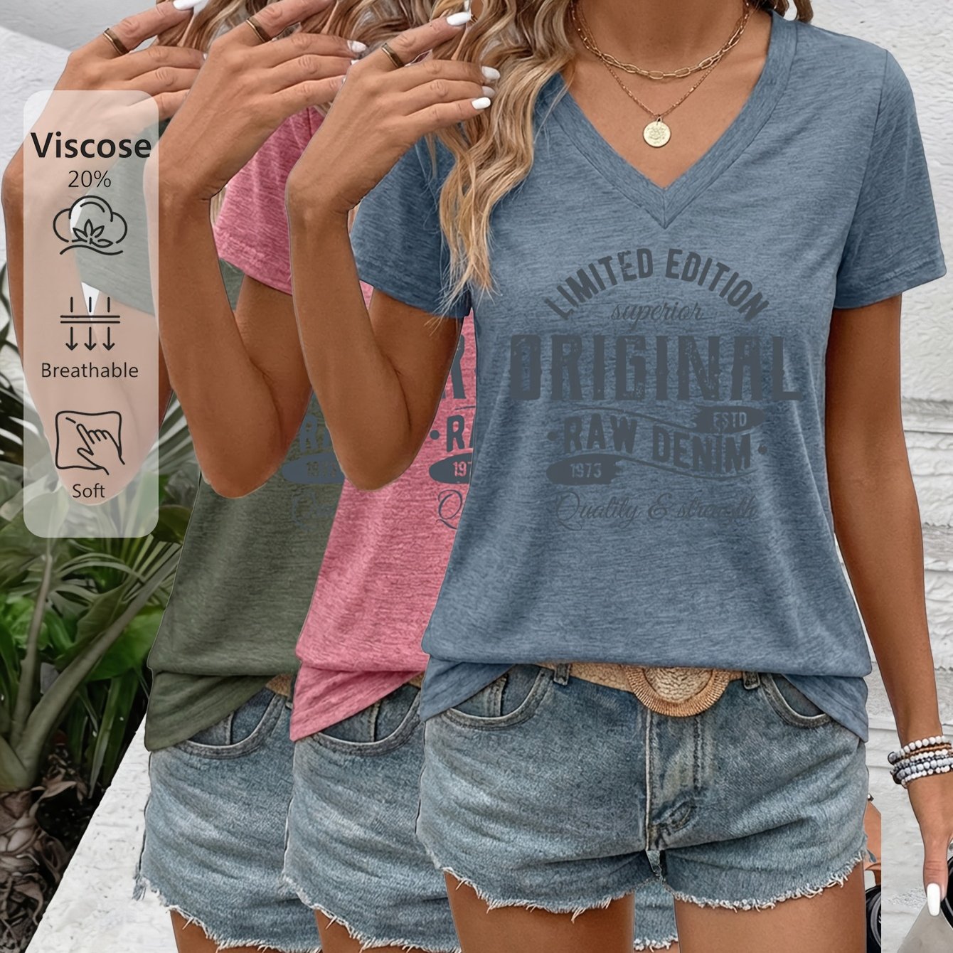 TEMU 3pcs Original Vintage Distressed V-neck T-shirts - Soft, Short-sleeve Retro Letter Print, Machine Washable Skin-friendly Casual Shirts For