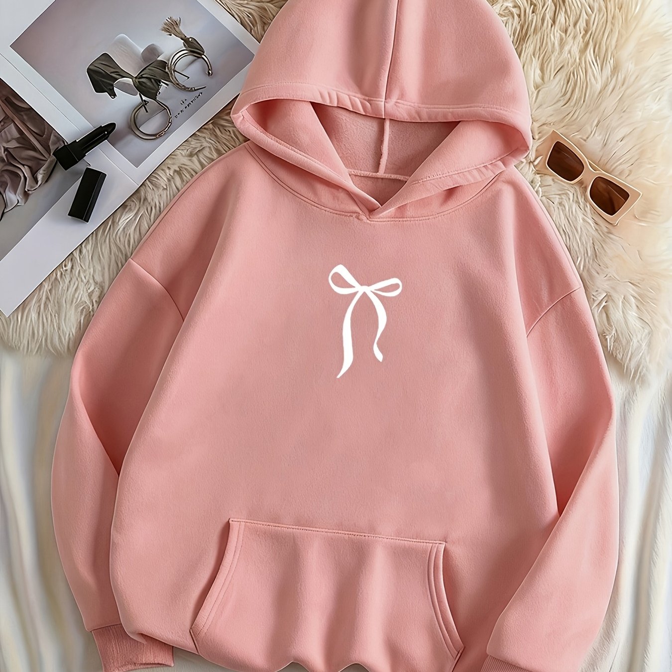 TEMU D92-women's Fashion Trendy Bow Pattern Kangaroo Pocket Warm Lined Hooded Sweatshirt-glf936
