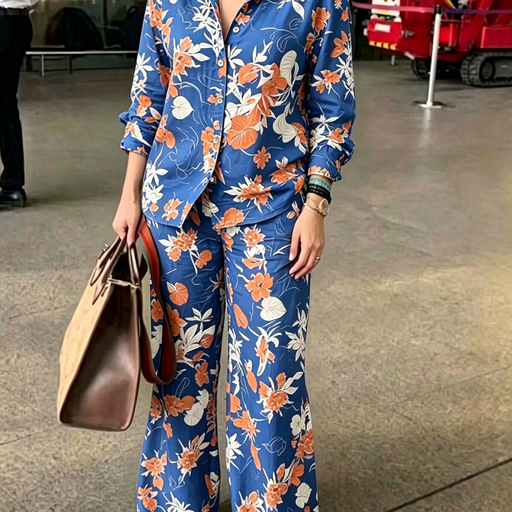 TEMU Vintage Botanical Floral Print Shirt And Straight-leg Pants 2pcs Set, Women's Loose Fit Casual Fashion Outfit