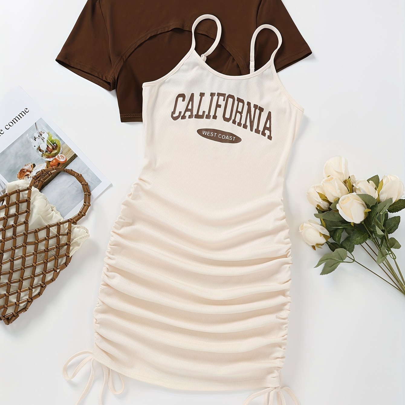 Image of A Women's Round-neck T-shirt With Letter Prints And A Drawstring Adjustable Dress Set, Perfect For Casual Wear , Summer, And Autumn, Featuring A Vika Directional Style