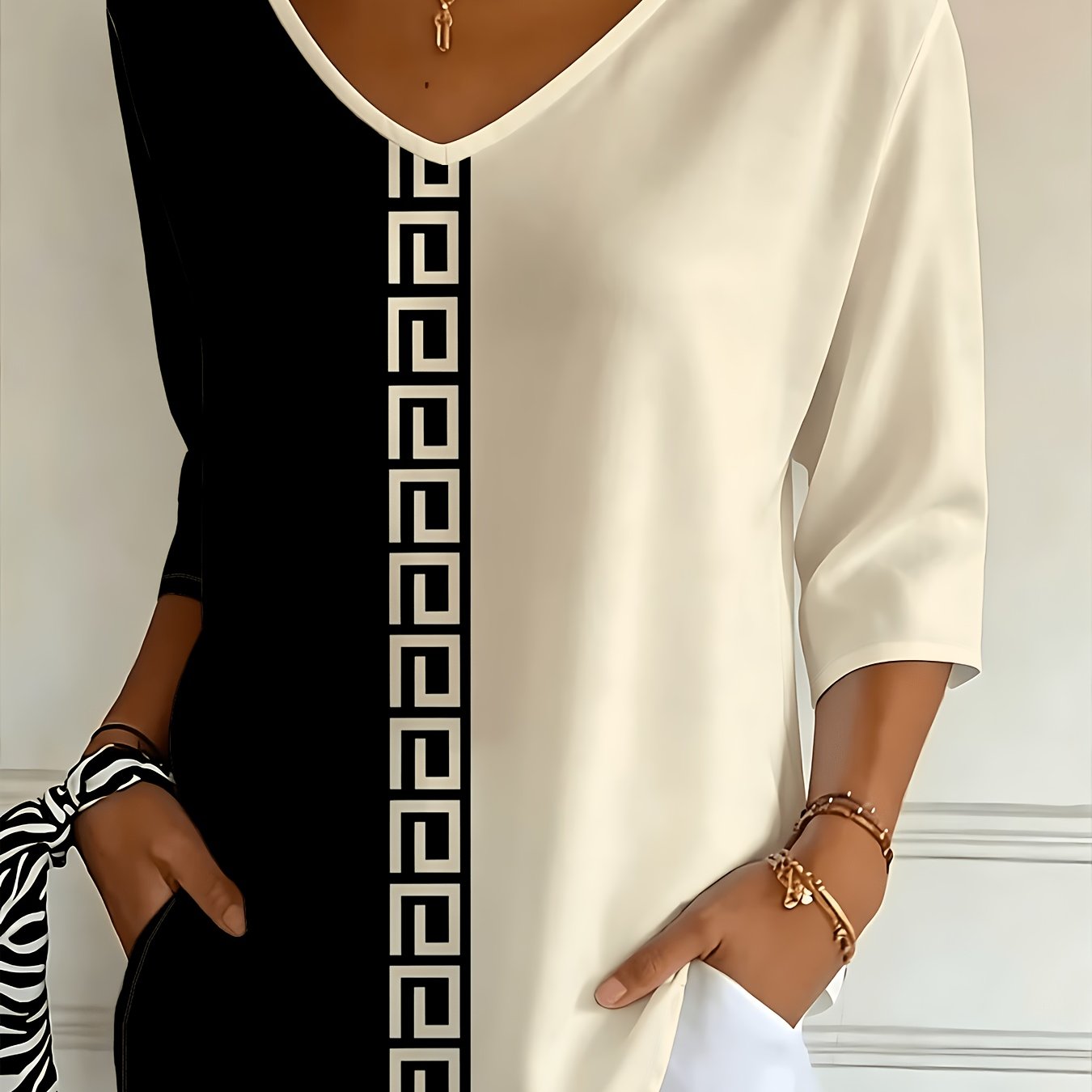 TEMU -neck Color-block T-shirt, Women's Loose Casual Three-quarter Sleeve Top, Fashion Geometric , Spring Summer Versatile Base Layer