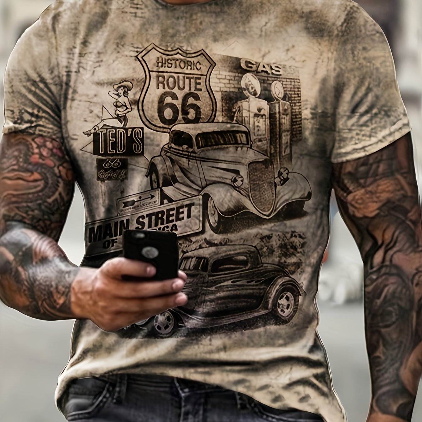 TEMU ''route 66'' And Classic Car Pattern Print Men's Short Sleeve Comfy T-shirt, Graphic Tee Men's Summer Clothes, Men's Clothing