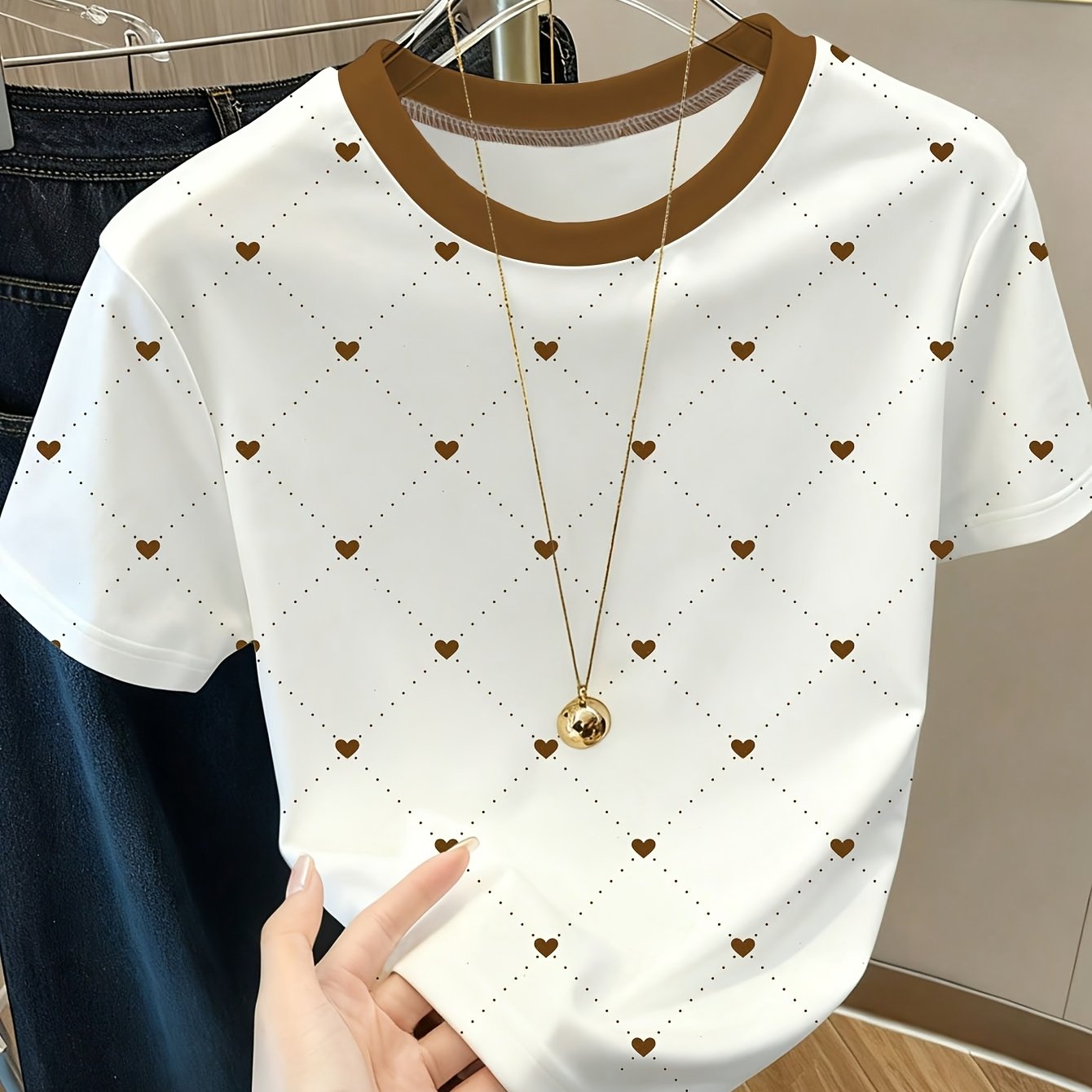 TEMU Women's Elegant Heart Print T-shirt With Color-block Collar - Suitable For - Casual & Dressy Wear, Medium Stretch Blouse-compatible Top (machine