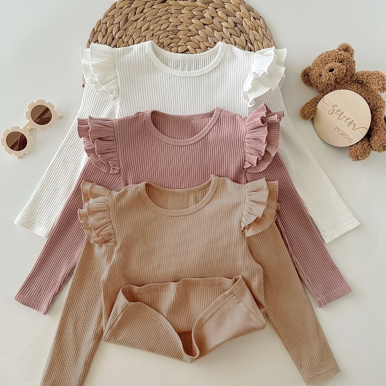Girl's T-shirt, Cable-knit Stretch Fabric, 3pcs Long Sleeve Set
