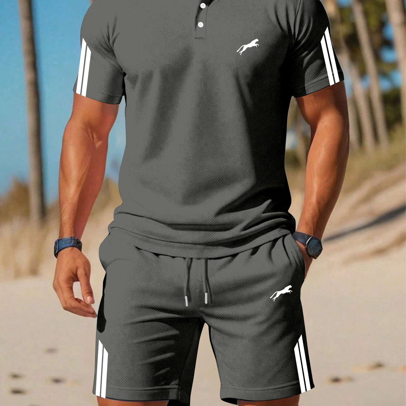 TEMU Casual Sport Quick-dry Short Sleeve Shirt And Shorts Set, 2pcs Outfit For Daily Outdoor And Beach Wear