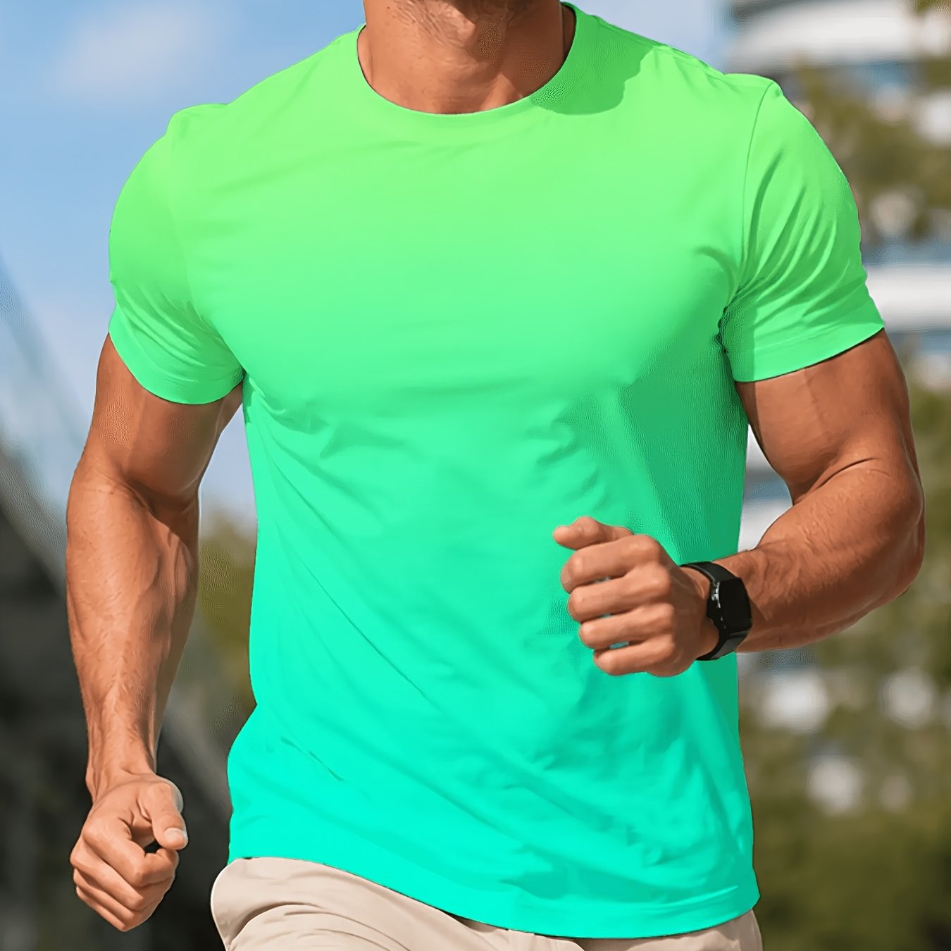 TEMU Men's Fluorescent Green Short Sleeve Round Neck T-shirt, Breathable Athletic Tee, Casual Sportswear