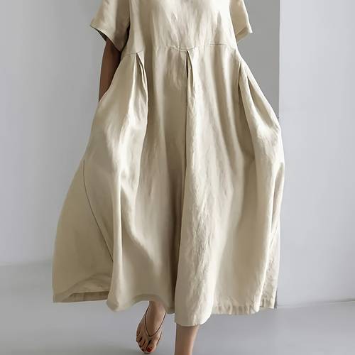 plus size womens short sleeved round neck solid color loose dress