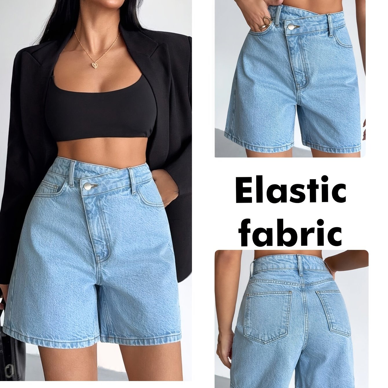 Image of 2026 New Bermuda Casual Elegant Light Blue Washed Denim Knee-length Pants, Elastic Fabric, Cross-waist Design With Stretch Leg-length Cut, Suitable For Daily And Casual Wear