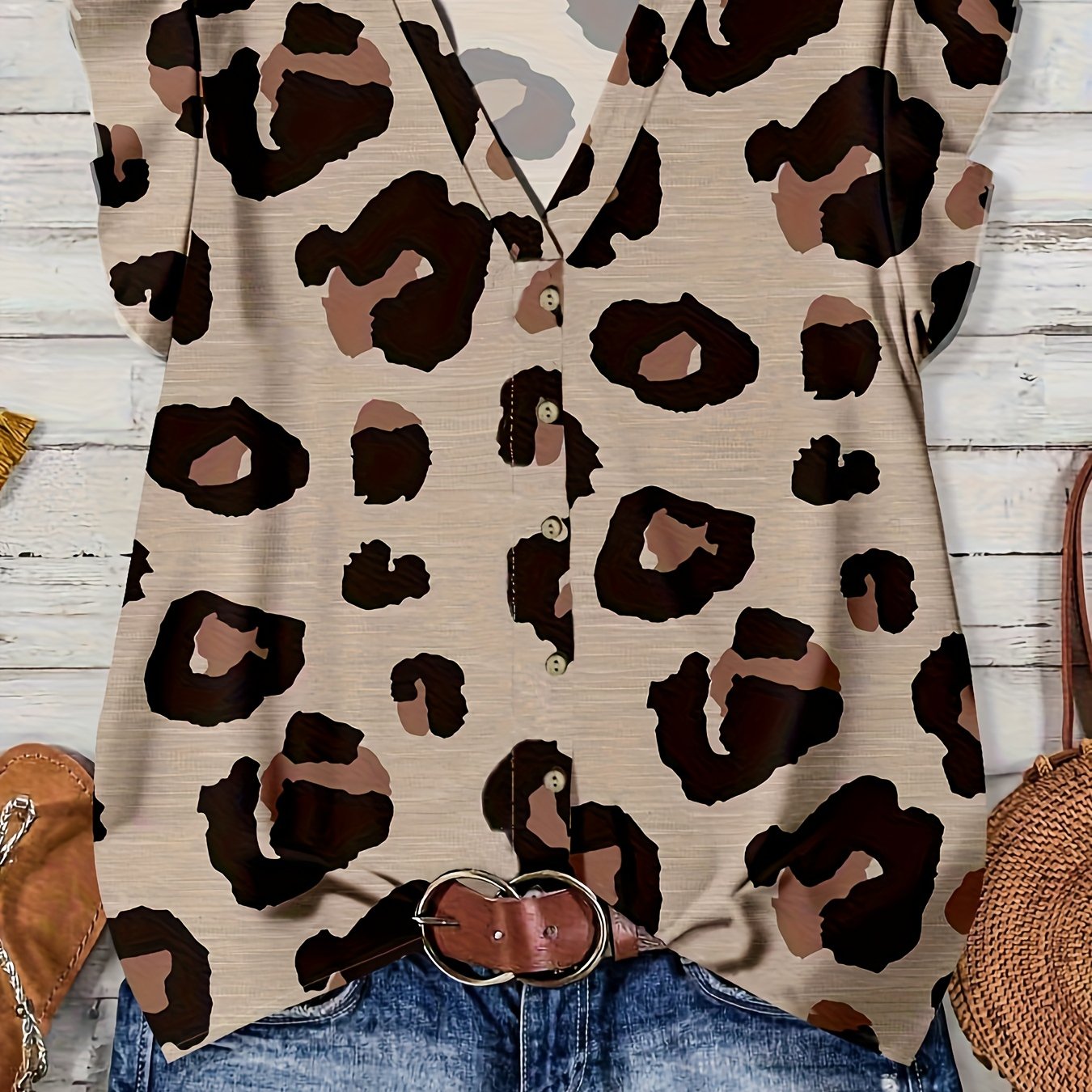 Plus Size - Plus Size - Plus Size Women's Korean Retro Fashion Leopard Print V-neck Button Short Sleeve Top