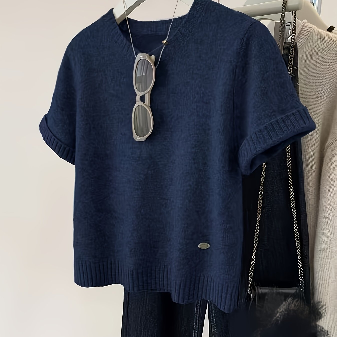 E-shop Premium Marineblauer Pullover Damen Kurzarm Lazy Style Dünner Pullover