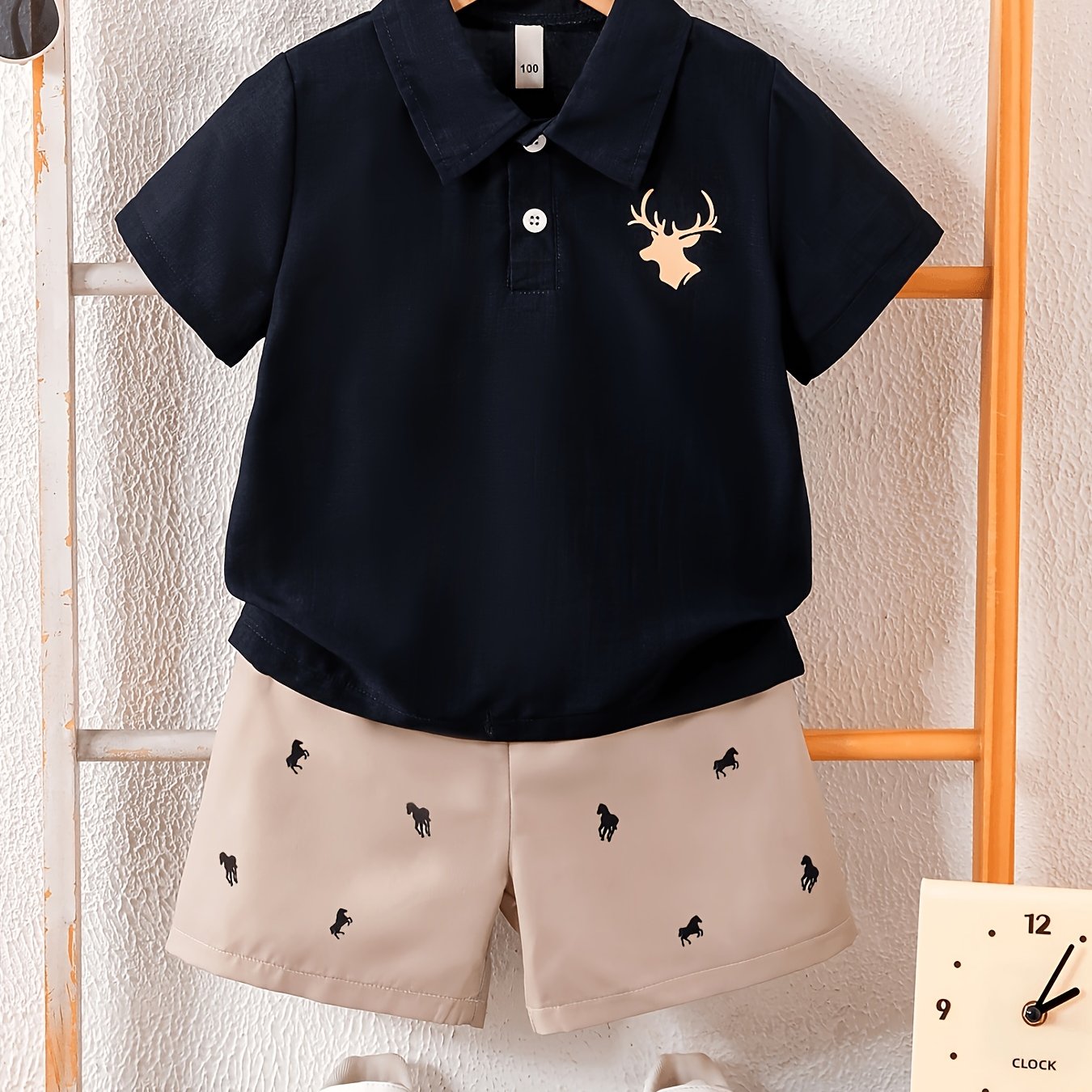 TEMU Conjunto de ropa casual para niño, camisa polo de solapa con botones y manga corta con shorts elegantes (conjunto de 2 piezas), con un adorable