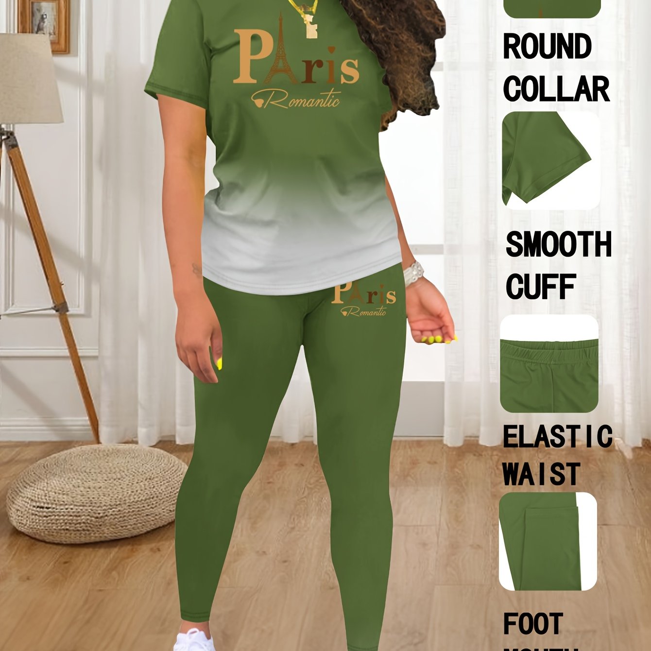 TEMU 패셔너블 여성 봄/여름 세트 | 크루넥 반팔 프린트 상의 & 롱 팬츠 | 건축 패턴, 레귤러 핏
