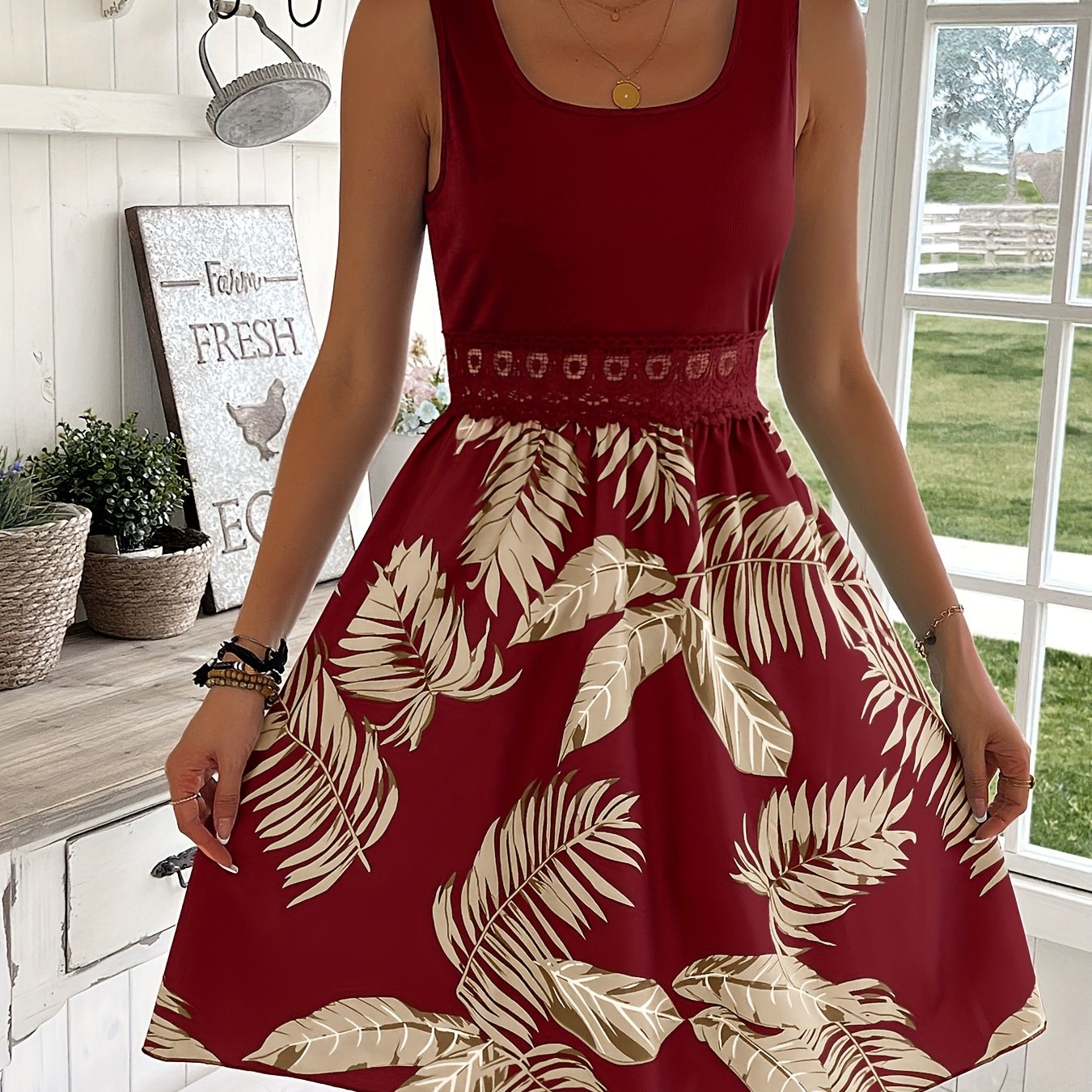 Image of Women's Trendy Tropical Print Lace-trimmed Ribbed Tank Dress