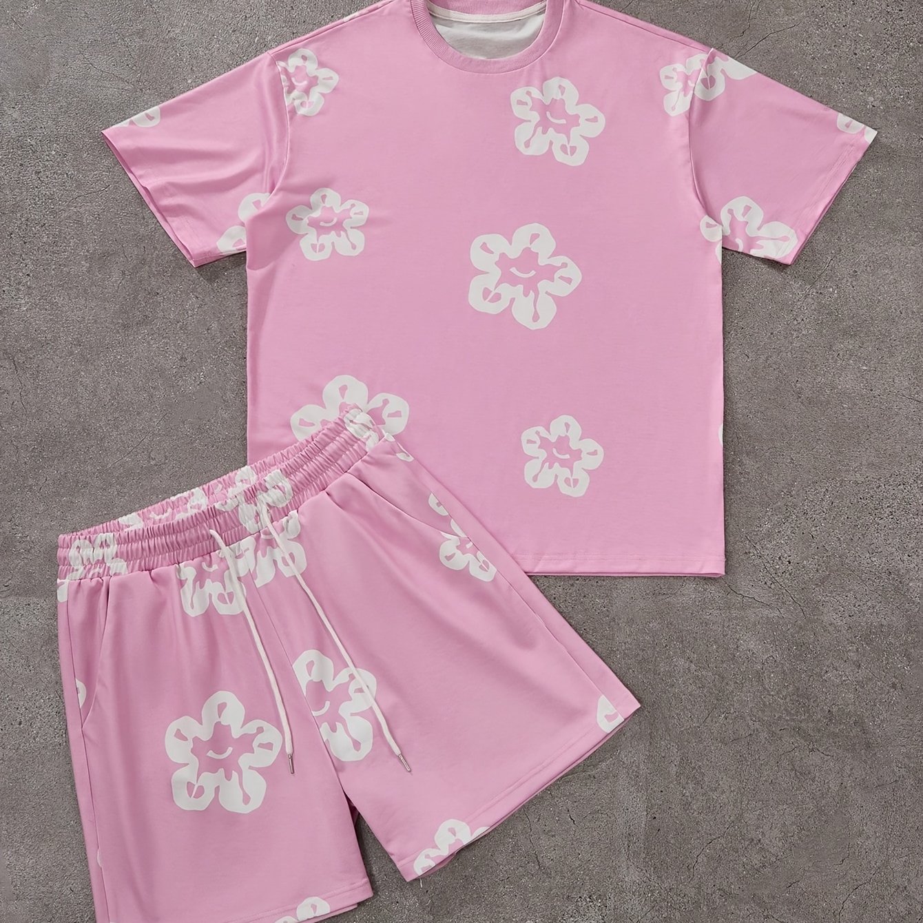 TEMU Men's Digital Floral Print Short Sleeve T-shirt And Shorts Set, Casual Beachwear, Machine Washable