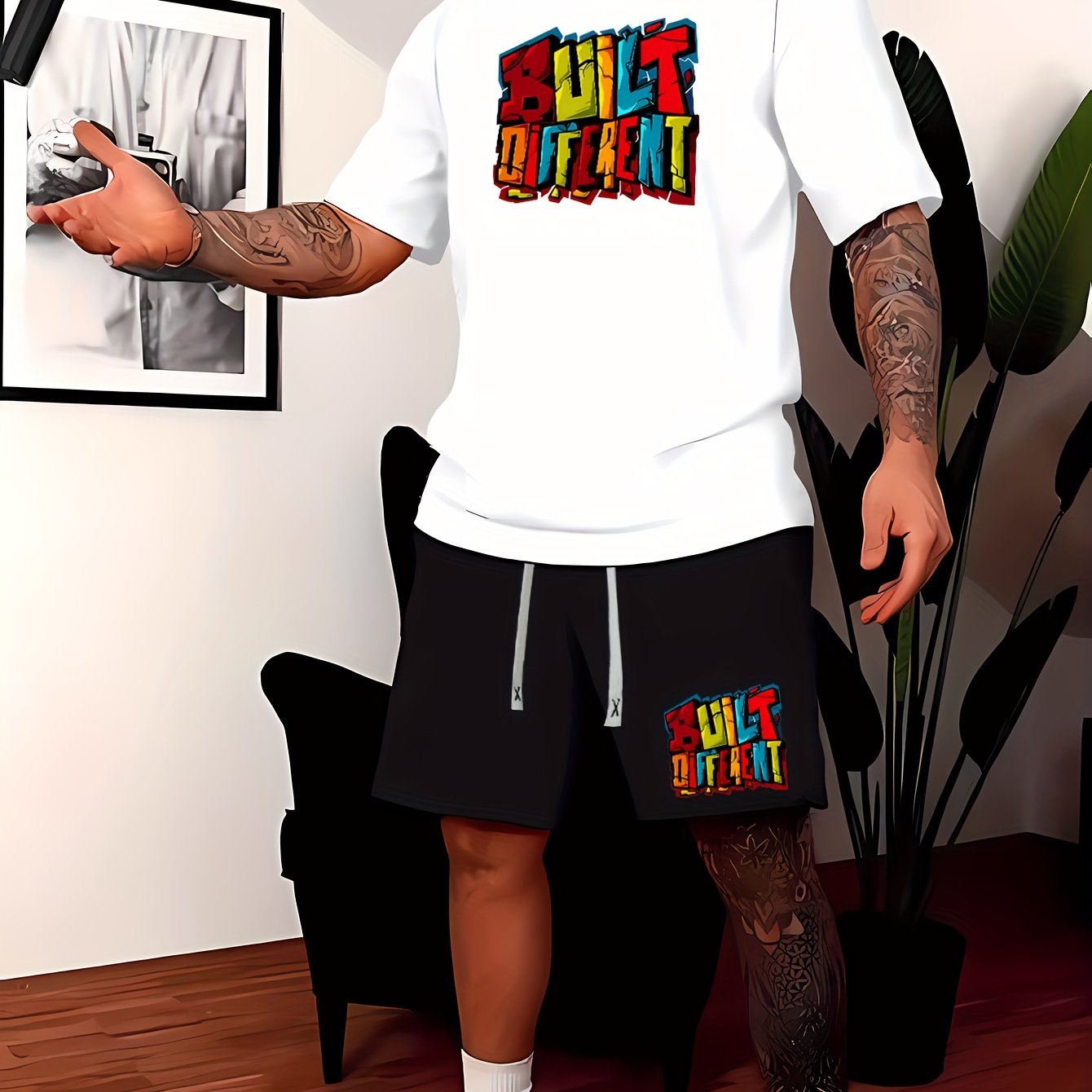 TEMU Completo da estivo 2 pezzi con stampa graffiti colorati "" e scritta, maglietta a maniche corte con e pantaloncini con coulisse, abbigliamento