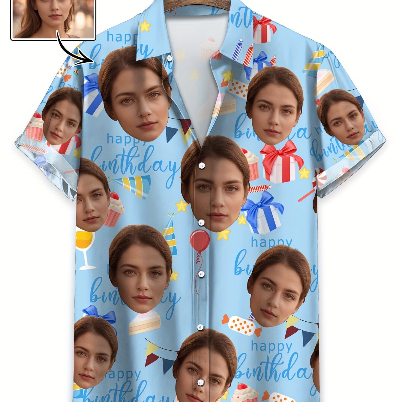 

Customized Portrait/photo Printing Design, Men's Birthday Themed Cartoon Pattern Print Short Sleeve Lapel Shirt Top, Casual Hawaiian Shirt For Summer , As Gift