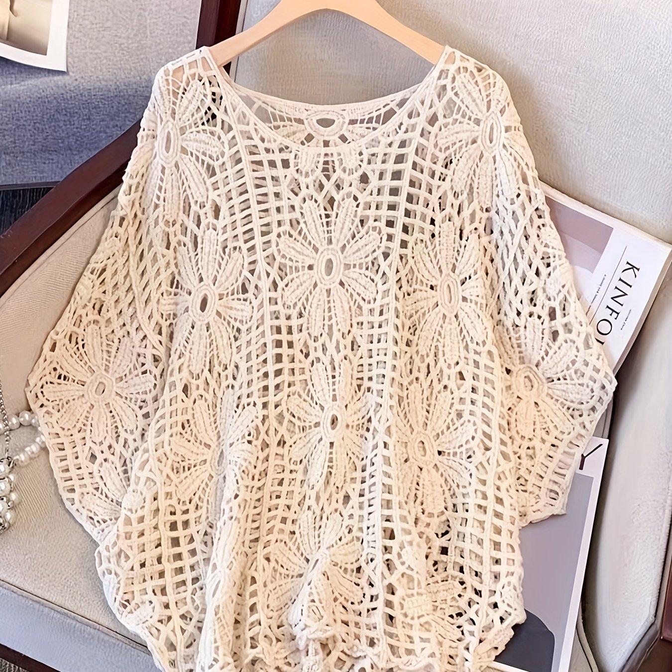 TEMU Women's Lightweight Summer Batwing Sleeve Cover-up - Round Neck Semi-sheer Geometric Lace-like Pattern Pullover, Breathable Solid Color Top For