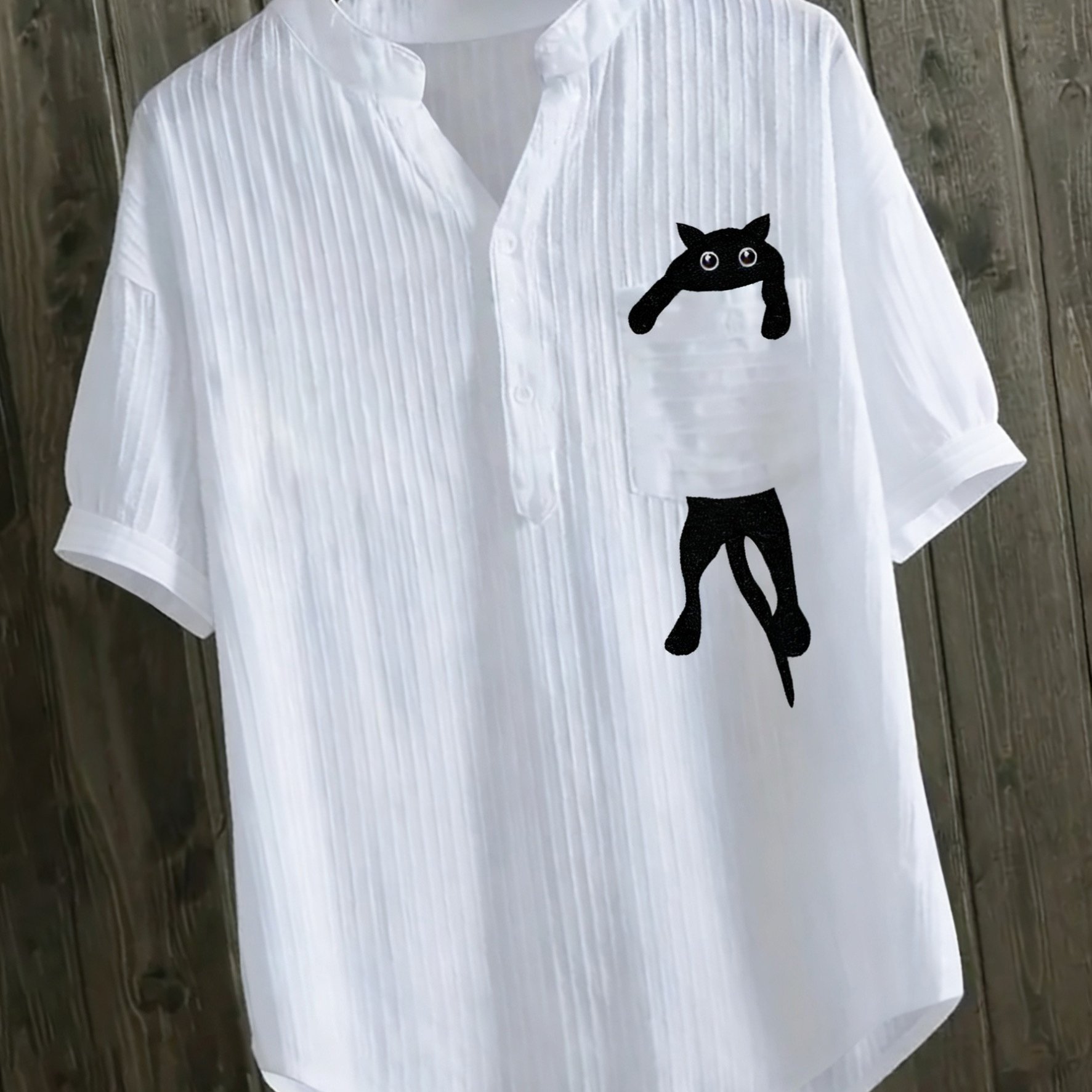 TEMU Chemise pour femme avec poche et broderie de chat, chemise à manches courtes blanche , col , chemise décontractée à boutons pour femme
