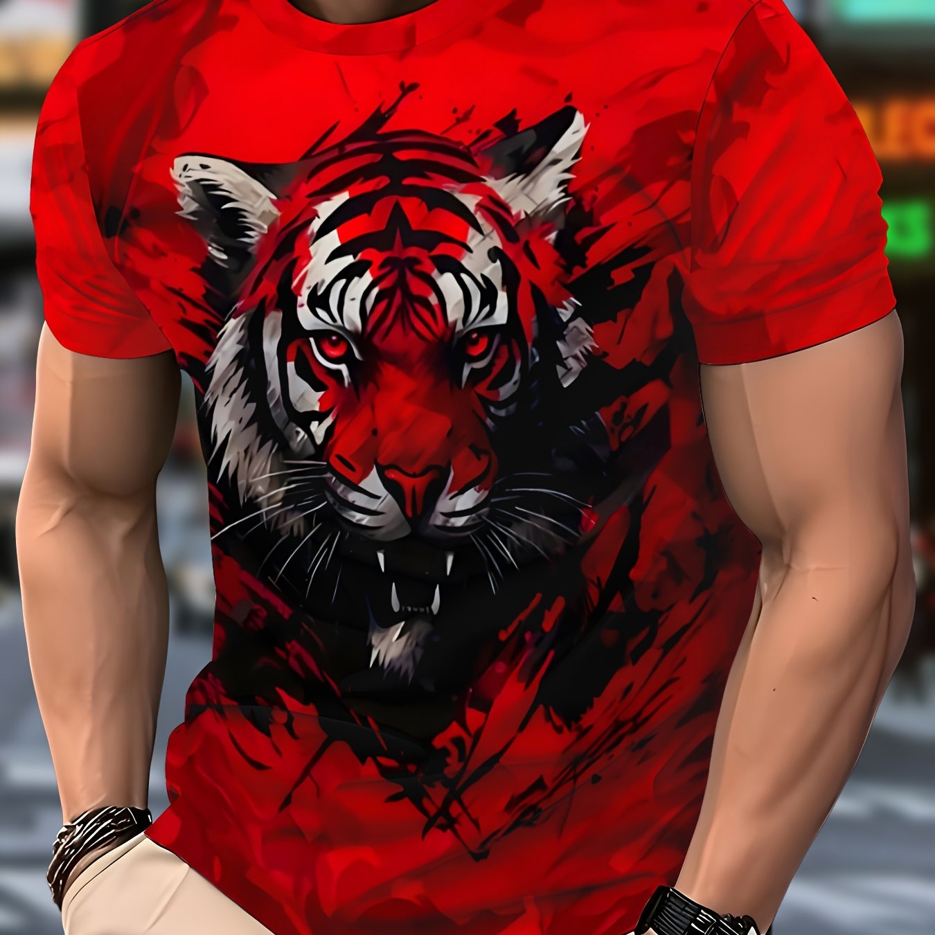 TEMU Men's Novelty Tiger Print T-shirt - Red, Casual Crew Neck, Short Sleeve, Polyester, Machine Washable, Graphic Design