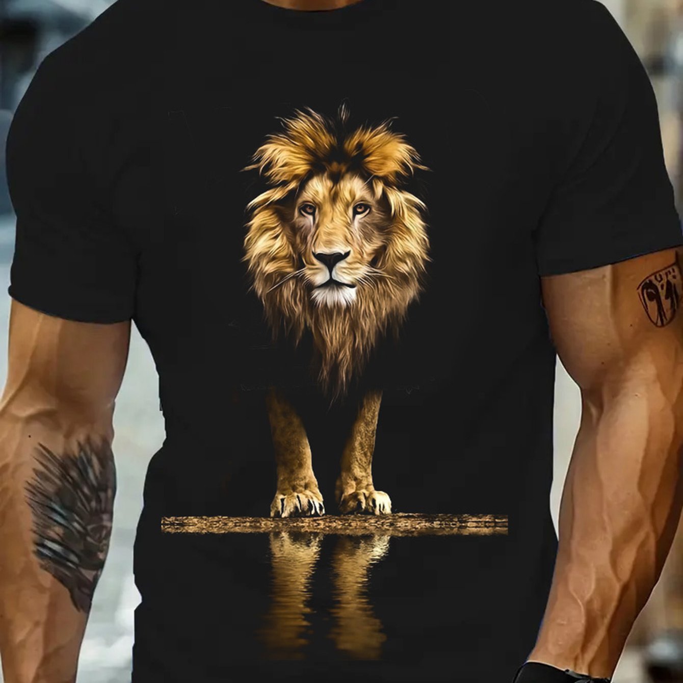 Summer New Arrival T-shirt, Lion Printed, And Powerful Style, Casual Versatile, Comfortable And Breathable, Round Neck, , Men's Black Short-sleeve T-shirt