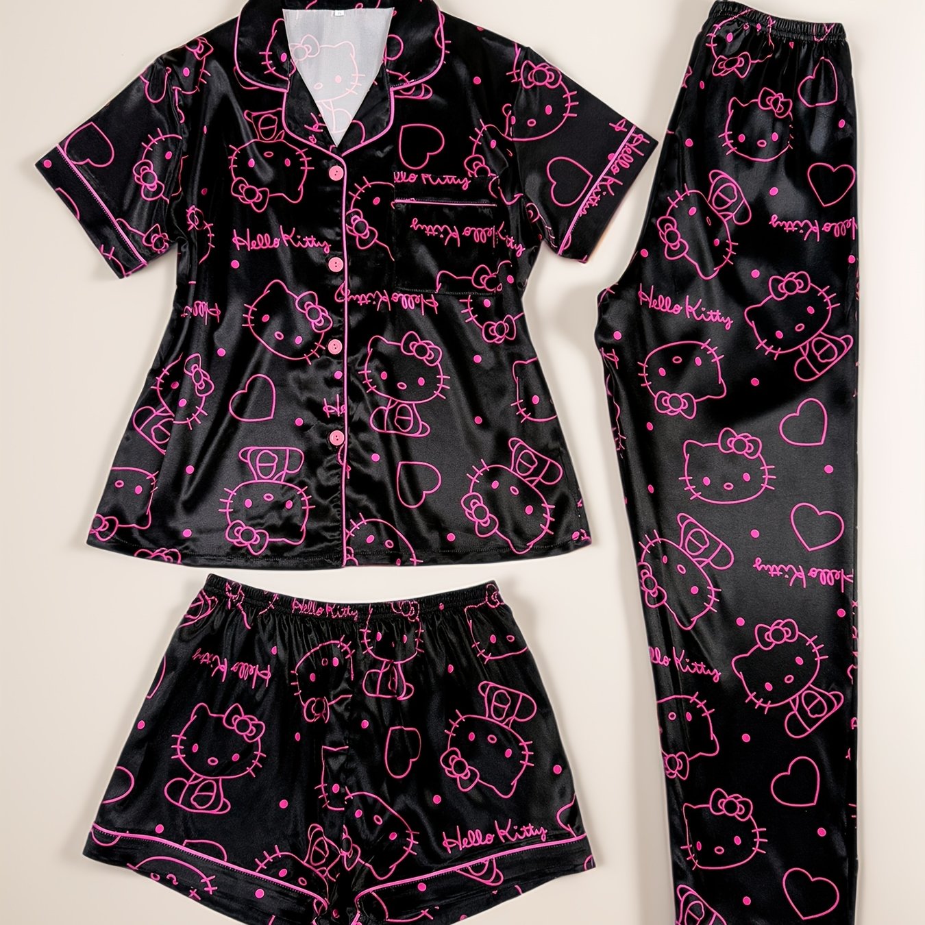 Image of Hello Kitty Satin Pajama Three-piece Set: Top + Pants + Shorts, Women's Collared Button-up Cardigan Loungewear Three-piece Set