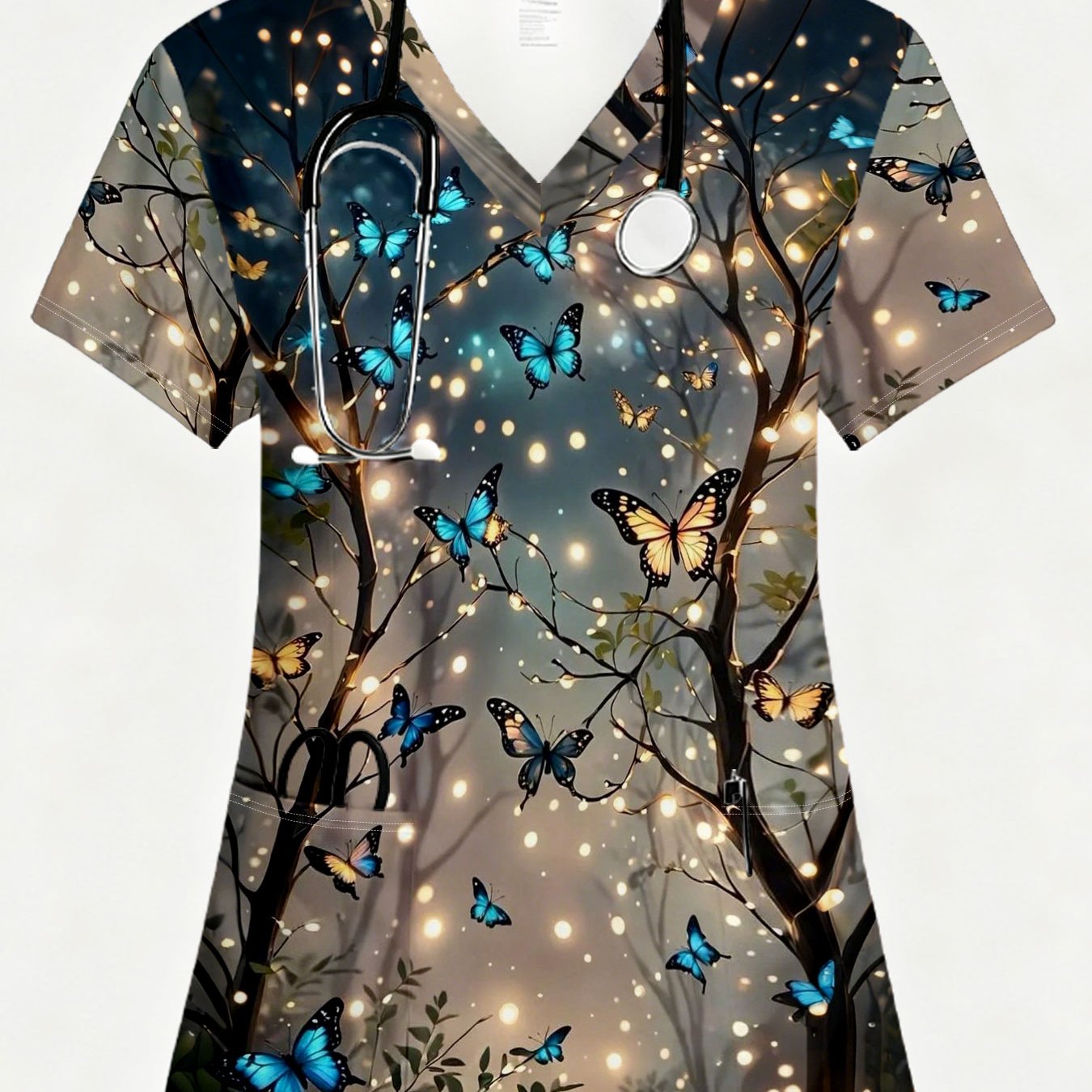 TEMU Women's Short-sleeve Pocketed Fashion Printed Uniform, Modern Minimalist Style, 2d Printed Forest Pattern, Versatile And Stylish, , Machine